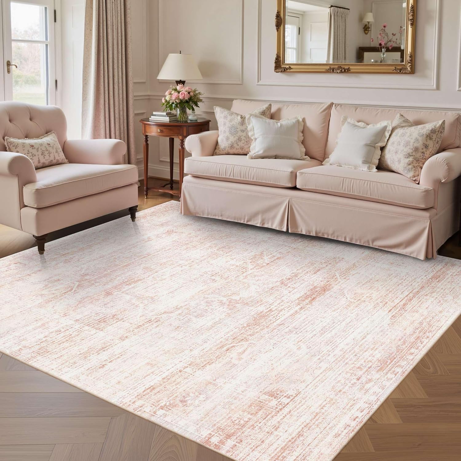 Latte&Fog 5x7 Washable Pink Rug for Girls Bedroom, Vintage Cute Soft Area Rugs for Nursery Room,Kids Room,Living Room,Dorm, Non Slip Low Pile Floral Carpets for Classroom,Playroom,Kitchen Dining Room