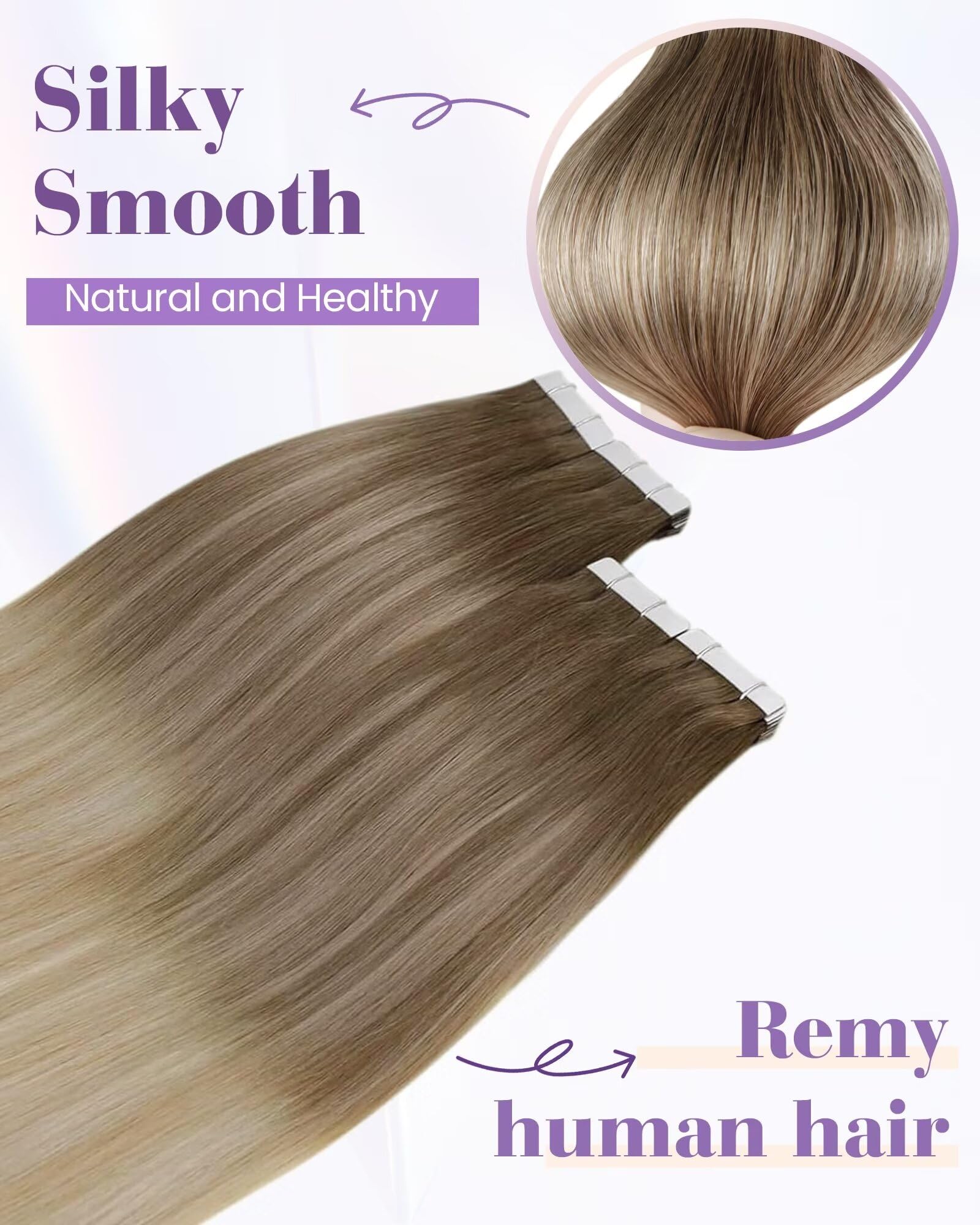 LaaVoo Tape in Hair Extensions Human Hair 100g 40pcs 18 Inch Balayage Brown to Blonde Tape Hair Extensions Real Human Hair Invisible Tapes Remy Straight Hair Double Sided Tabs #8/18/60 - Image 4