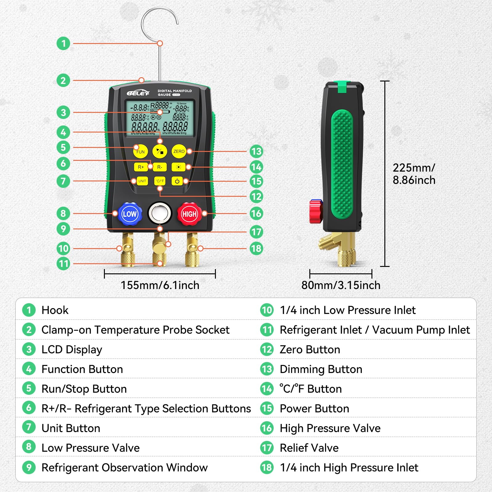 Digitales Manifold Gauge Set HVAC Manometer für 93 Kältemittel R410a R32 R22 Vakuumpumpe Klimaanlage Tester mit Temperatur-Clips 1.5m Schläuchen