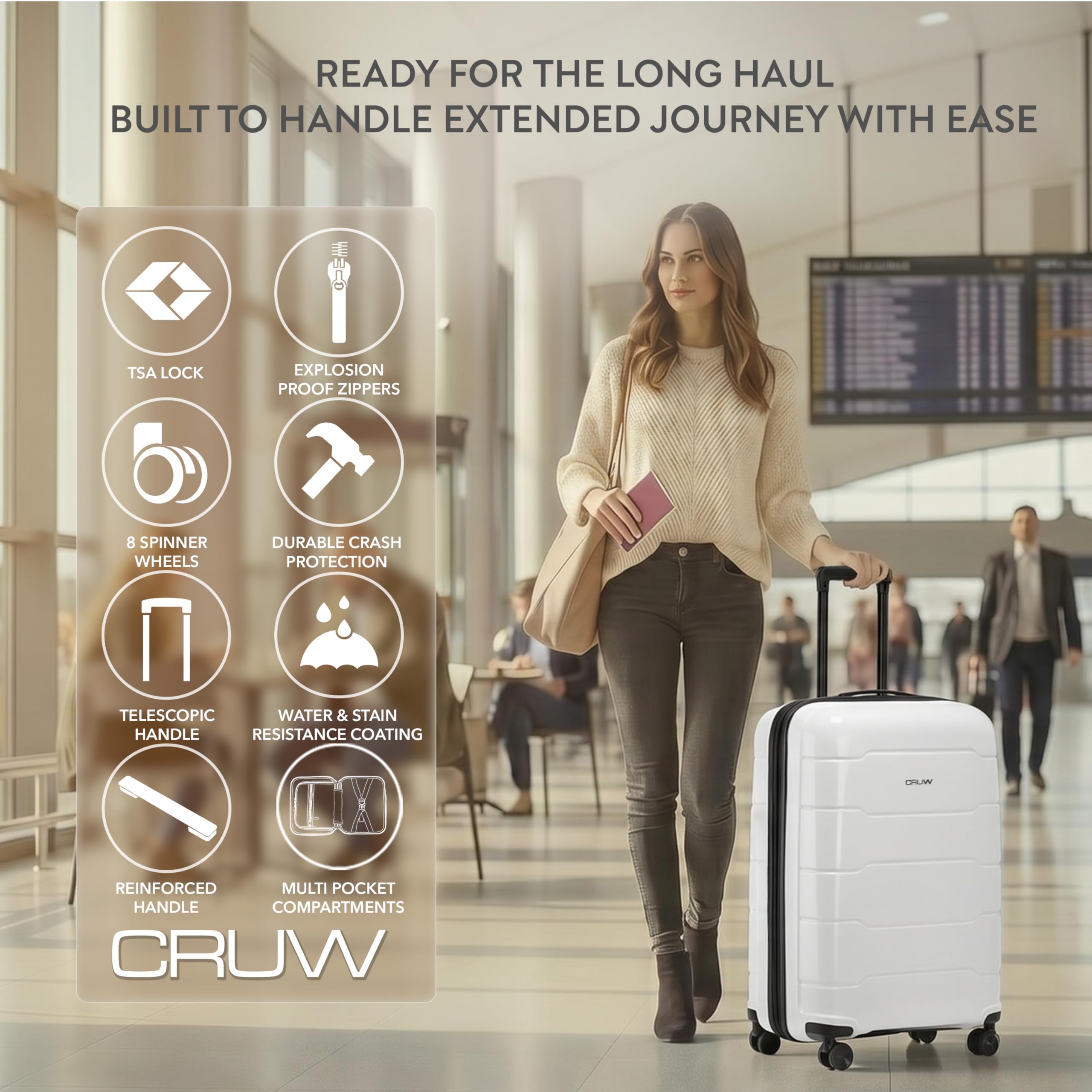 CRUW Medium 24" Checked Luggage 56x45x29cm + Expandable Hold Baggage (64/80 Liters) Polypropylene Suitcase TSA Approved Lock 8 Silent Spinner Wheels Lightweight Suitcases Airline-Approved Travel