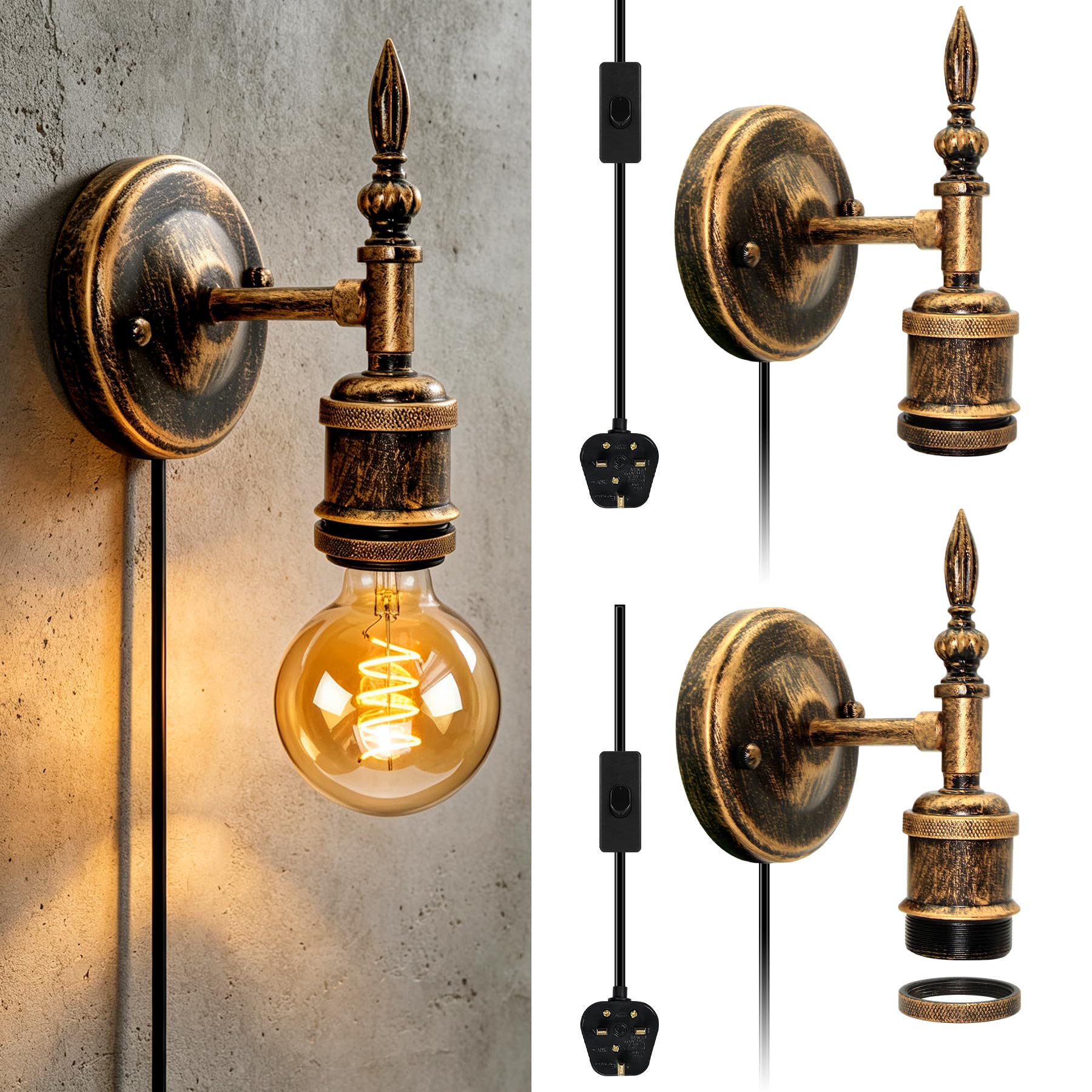 Plug in Wall Light, 2Pcs Wall Lamp Industrial Vintage, Rustic Wall Light Fixture, Retro Metal Wall Sconce, Lamp Cable with Swith and Plug 220CM, E27 Lamp Holder, DIY Lampshade, for Bedroom Bar Loft — image 1
