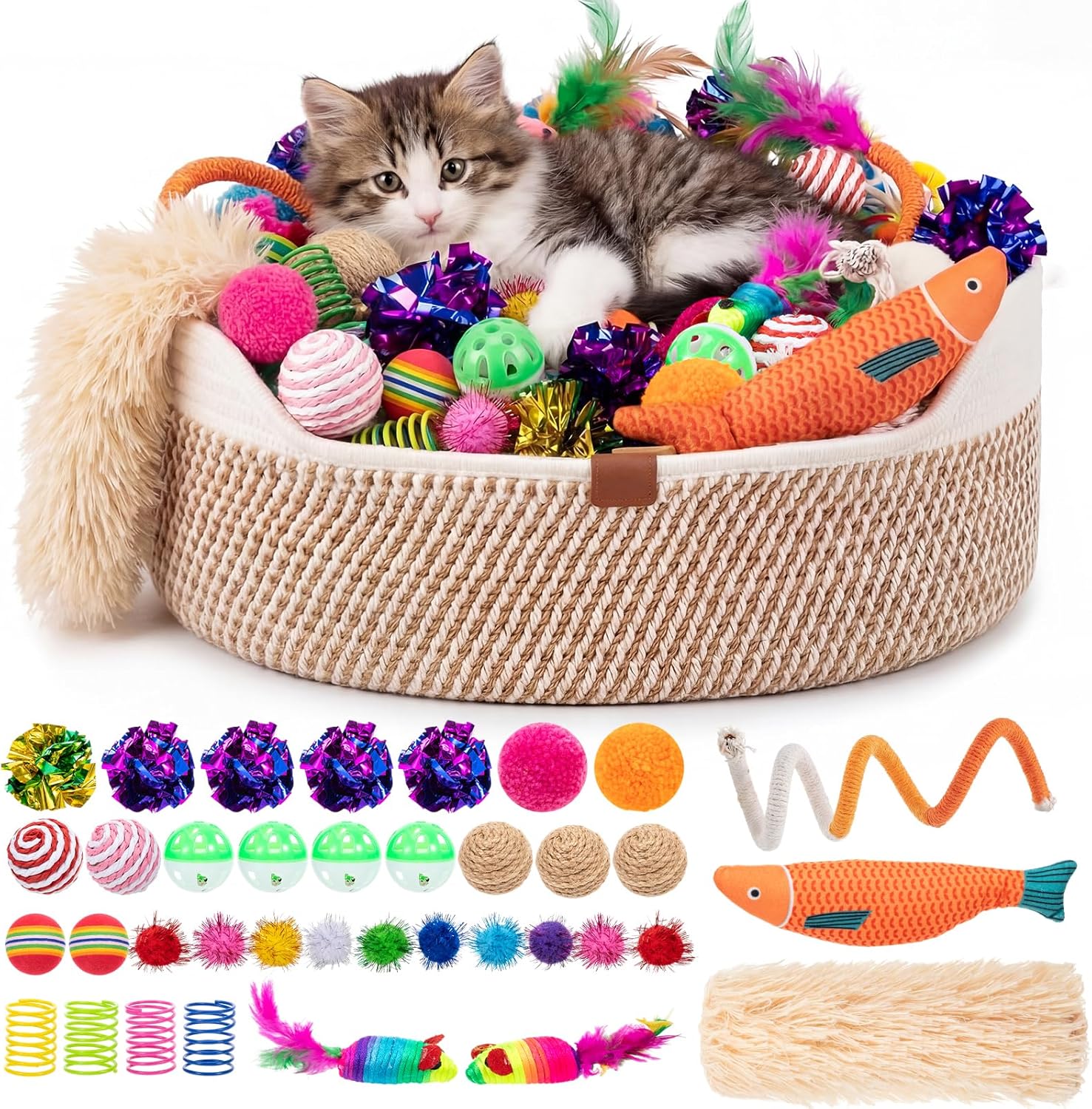 Leitee Mother's Day Cat Bed Storage Basket with 40 Pcs Cat Variety Toys Pack Set Includes Pillows, Spring Toy, Fish, Chew Rope and Balls for Kitten Kitty Swat Hunt Interactive Pet(White,Yellow)