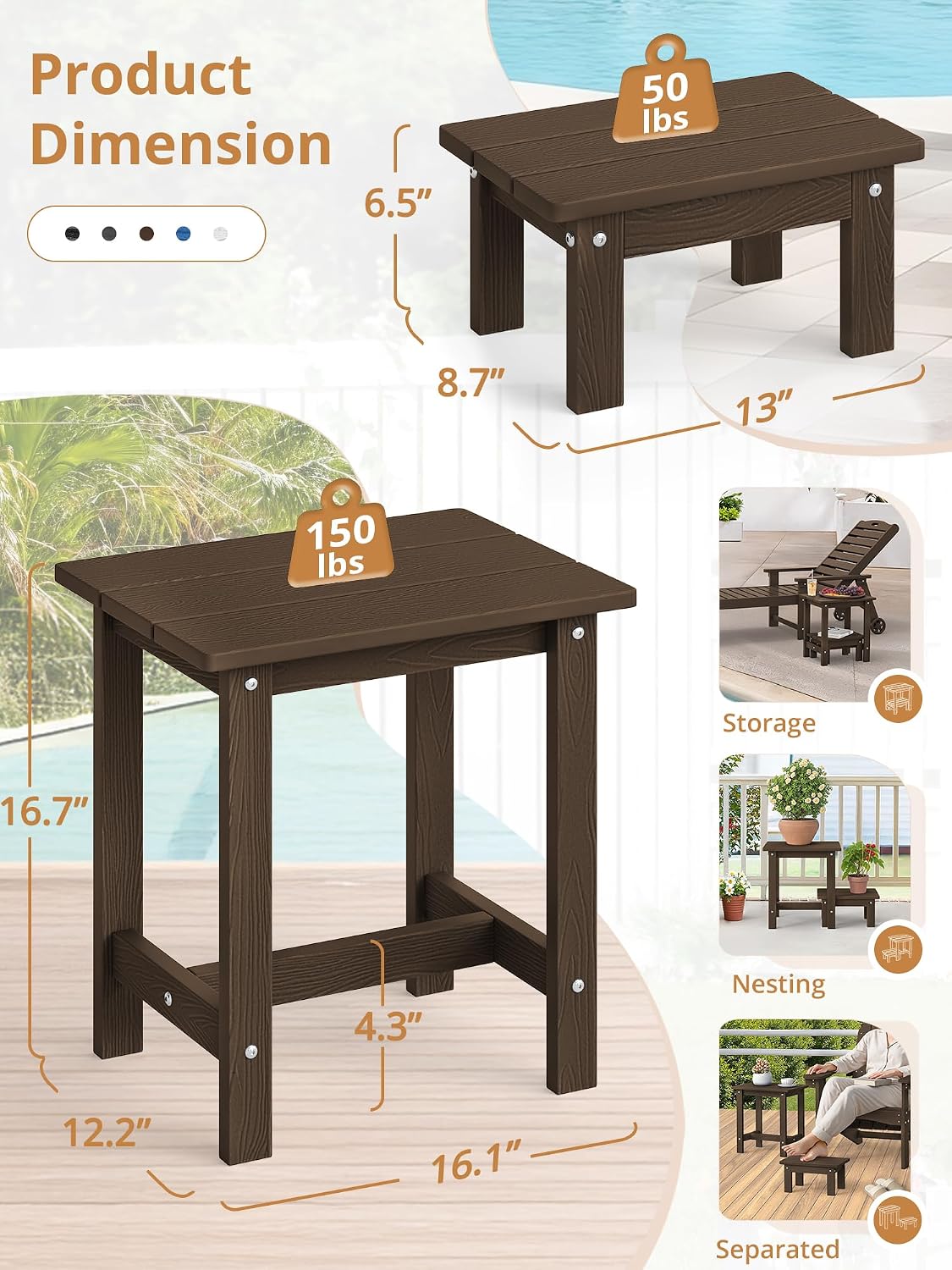 LUE BONA Outdoor Side Table,2-Tier Nesting HDPS Patio Side Table,Dark Brown image 3