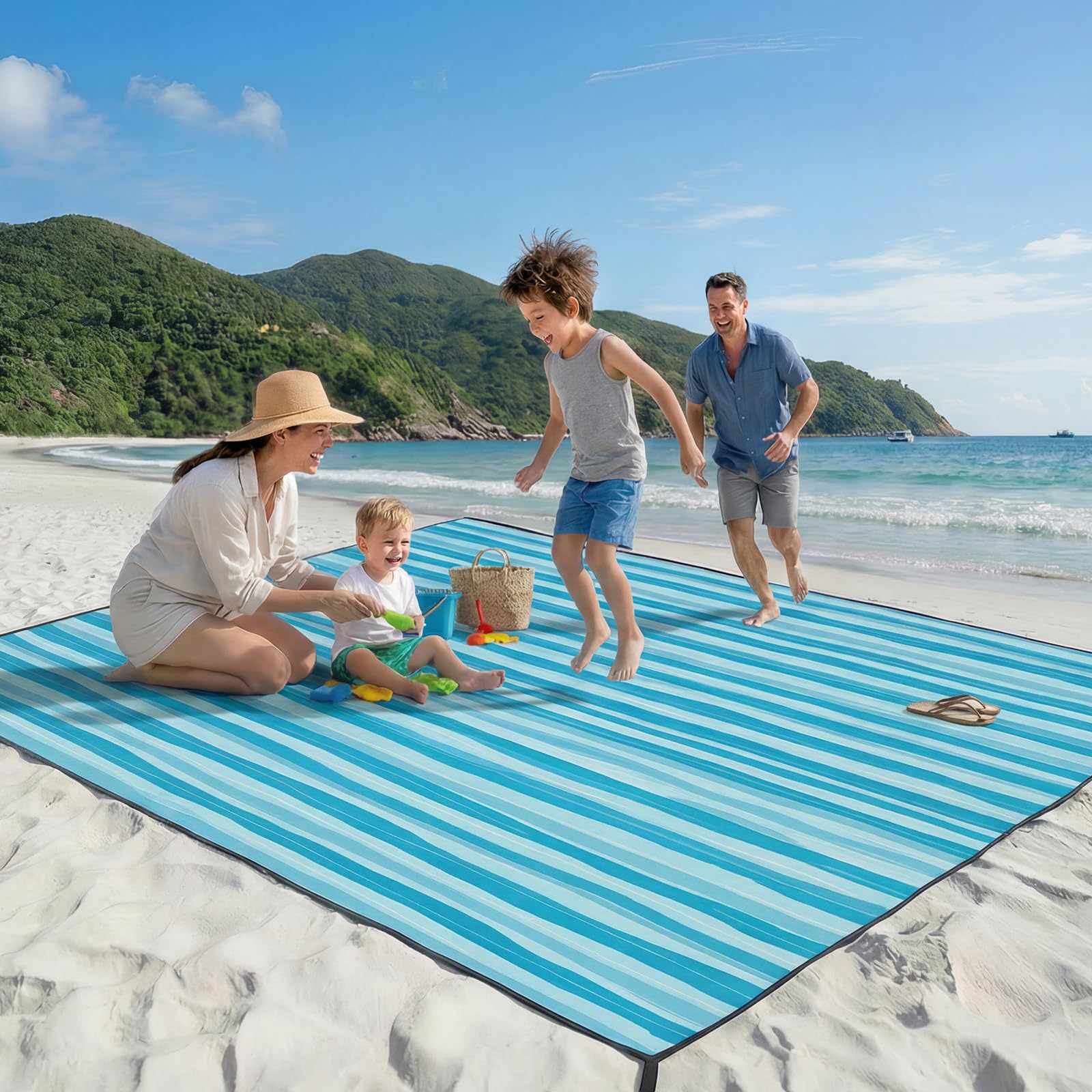 Beach Blanket Sandproof Waterproof, 213 x 244 cm Large Beach Mat with Stakes & Travel Bag, Lightweight,Quick-Dry, Portable Picnic Mat Beach Essentials for Outdoors,Cruise,Picnic & Camping, Ocean Wave