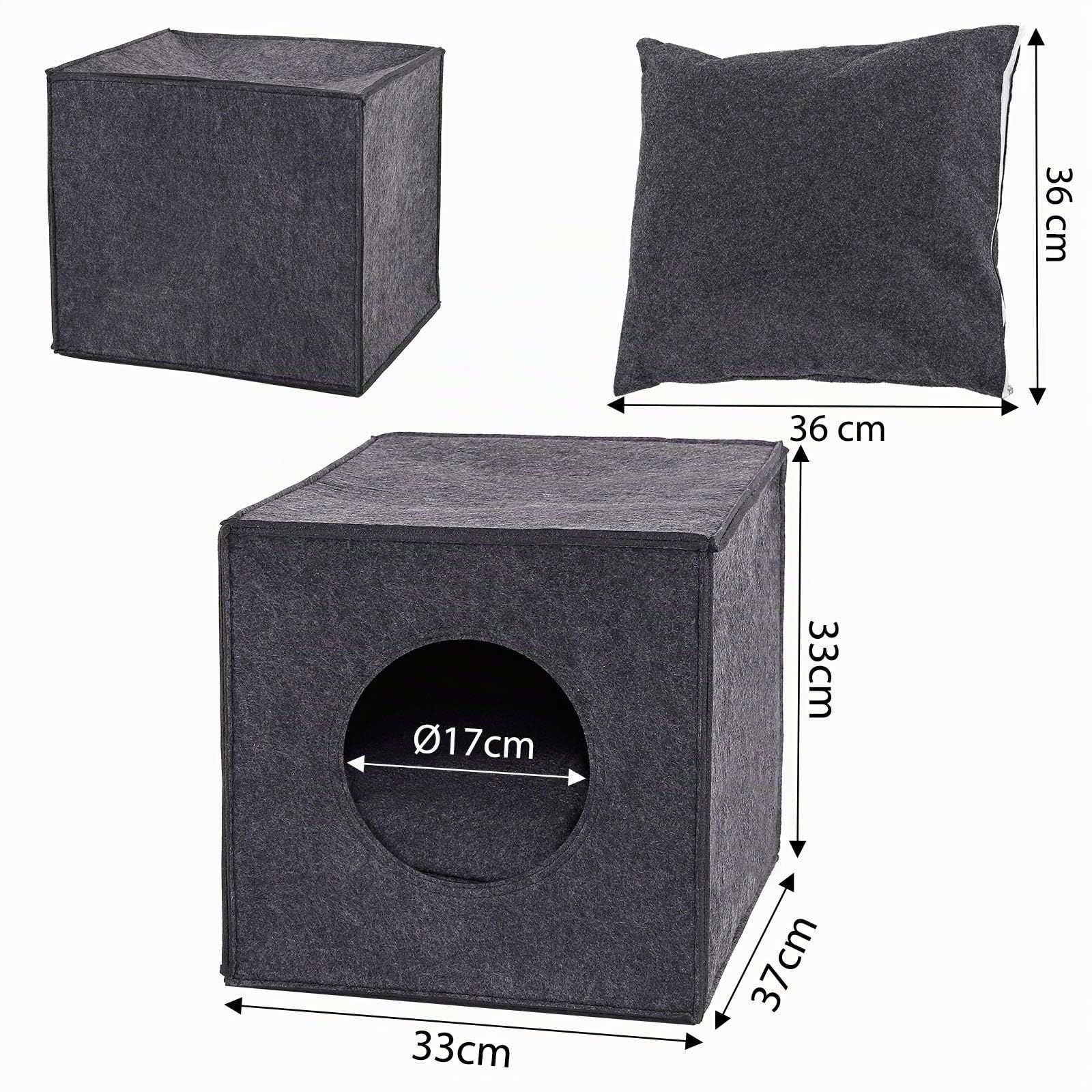 lionto Caverne pour Chats en Feutre Robuste adaptée aux systèmes de rayonnage, 33x37x33 cm, lit pour Chats Pliable en Forme de Cube, Niche avec Coussin Confortable, Gris foncé