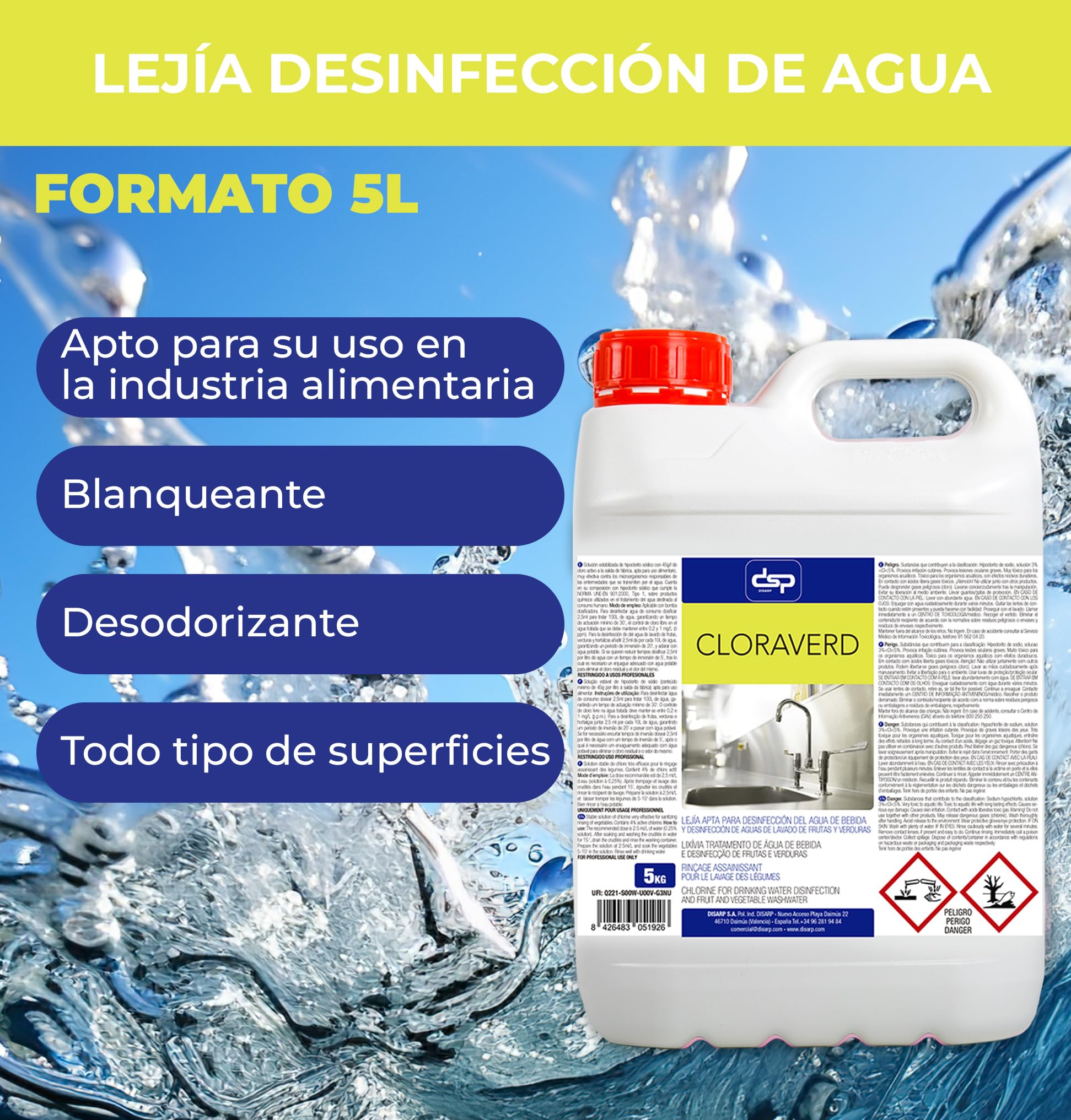 CLORAVERD SOLUCIÓN DE HIPOCLORITO APTA PARA USO ALIMENTARIO ENVASE 5L
