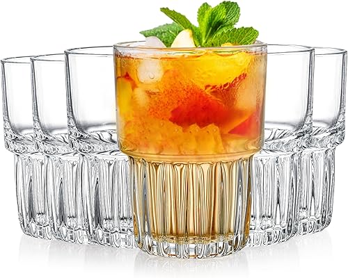 DEAYOU Juego de 6 vasos para beber, vaso de agua de té helado a rayas transparentes de 11 onzas, vasos de rocas apilables, vaso grueso de vidrio