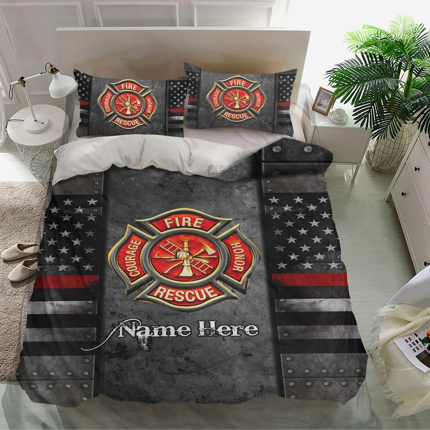 OhaPrints Personalized Firefighter Duvet Cover, Thin Red Line American Us Flag July 4Th Bedding Set & Pillowcases, Custom Name Soft Lightweight Twin