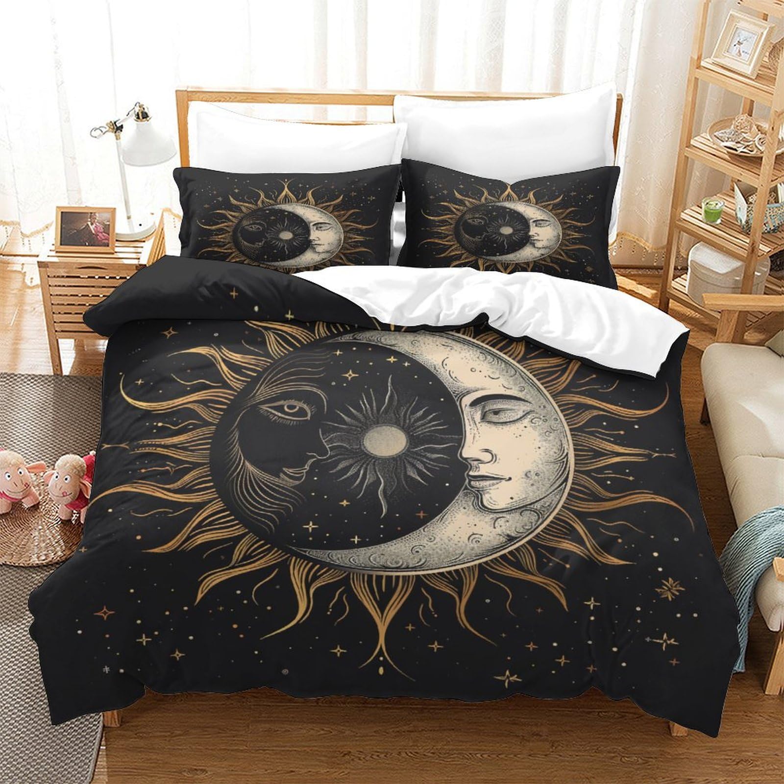 P1S9U7W5Y Artistic Sun Moon 3D Printed Microfiber Duvet Cover Set 3 Pieces Cosmic Bedding Set for Adults Teens Soft Breathable Bedroom Decor King（220x240cm）