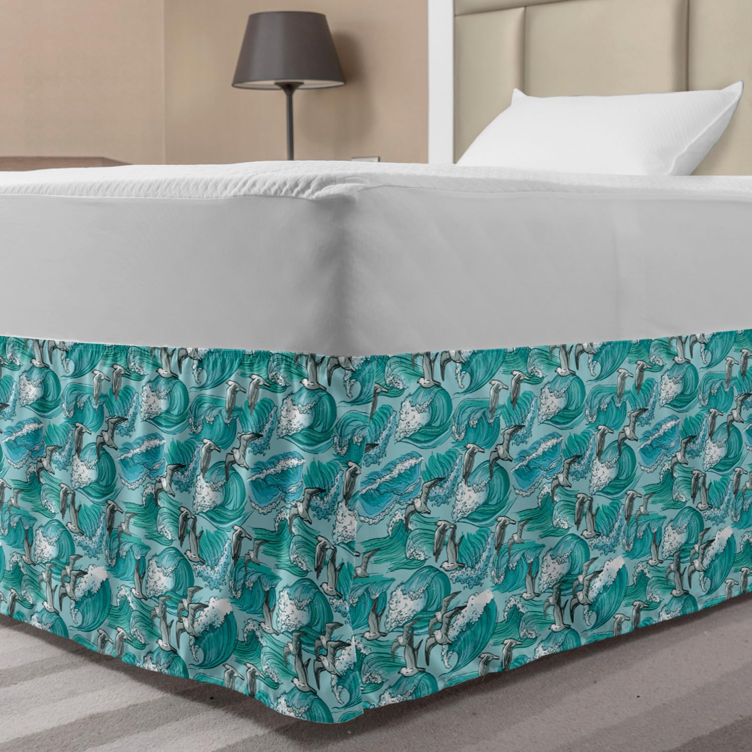 Lunarable Seagulls Elastic Bed Skirt Waves Flowing Water River Sketchy Birds Ornamental Swirl Doodle Style Art Wrap Around