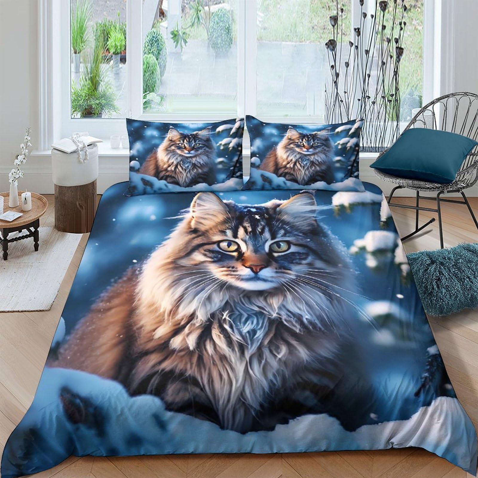 Ctjqhvkz Style-7 3D Printed Fluffy Cat Fitted Sheet Microfiber Soft Breathable Snowy Forest Mattress Cover For Bedroom Guest Room Decor Single（135X200cm）