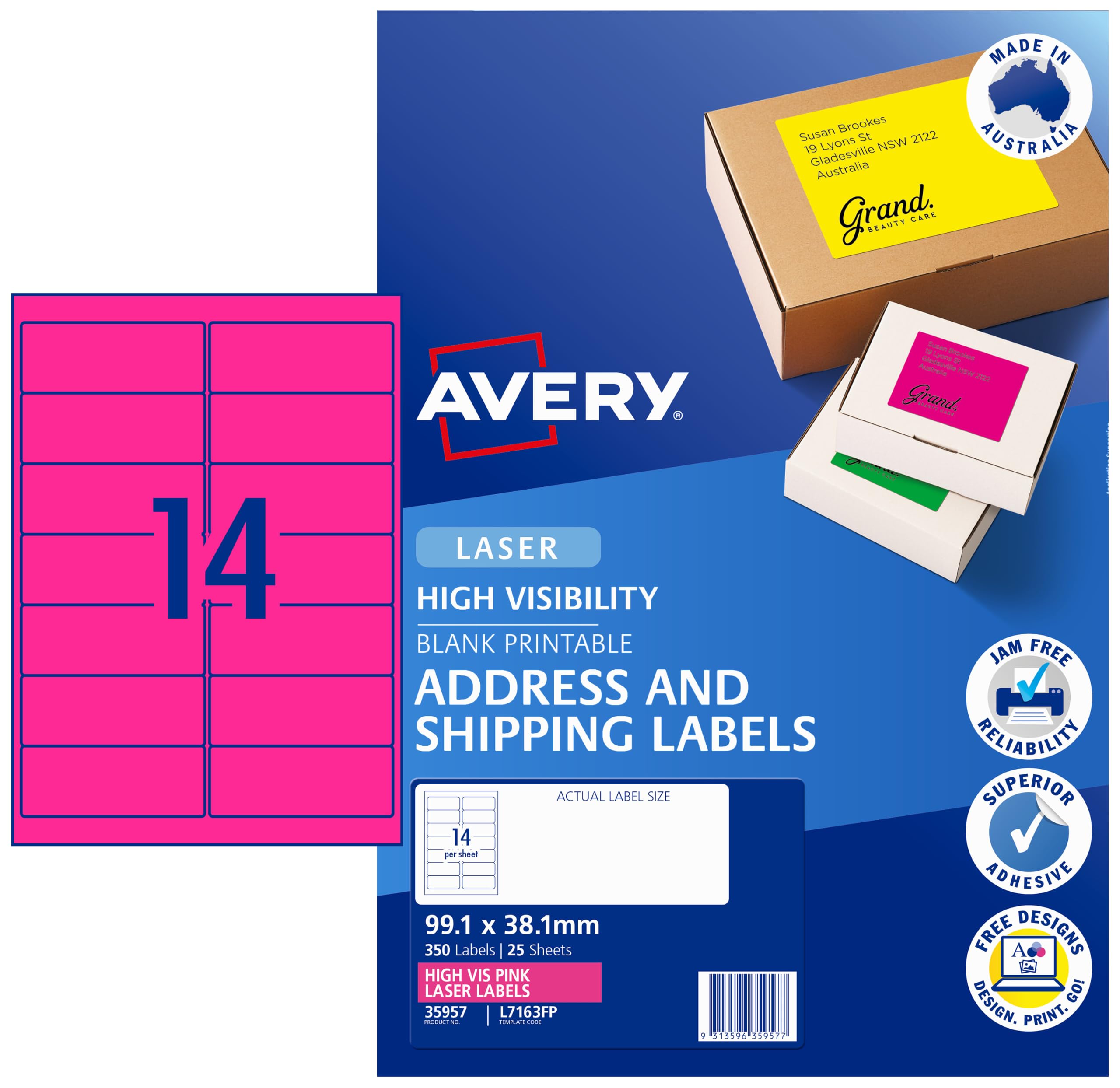 Avery 350 étiquettes d'expédition haute visibilité pour imprimantes laser, 99,1 x 38,1 mm, rose fluo