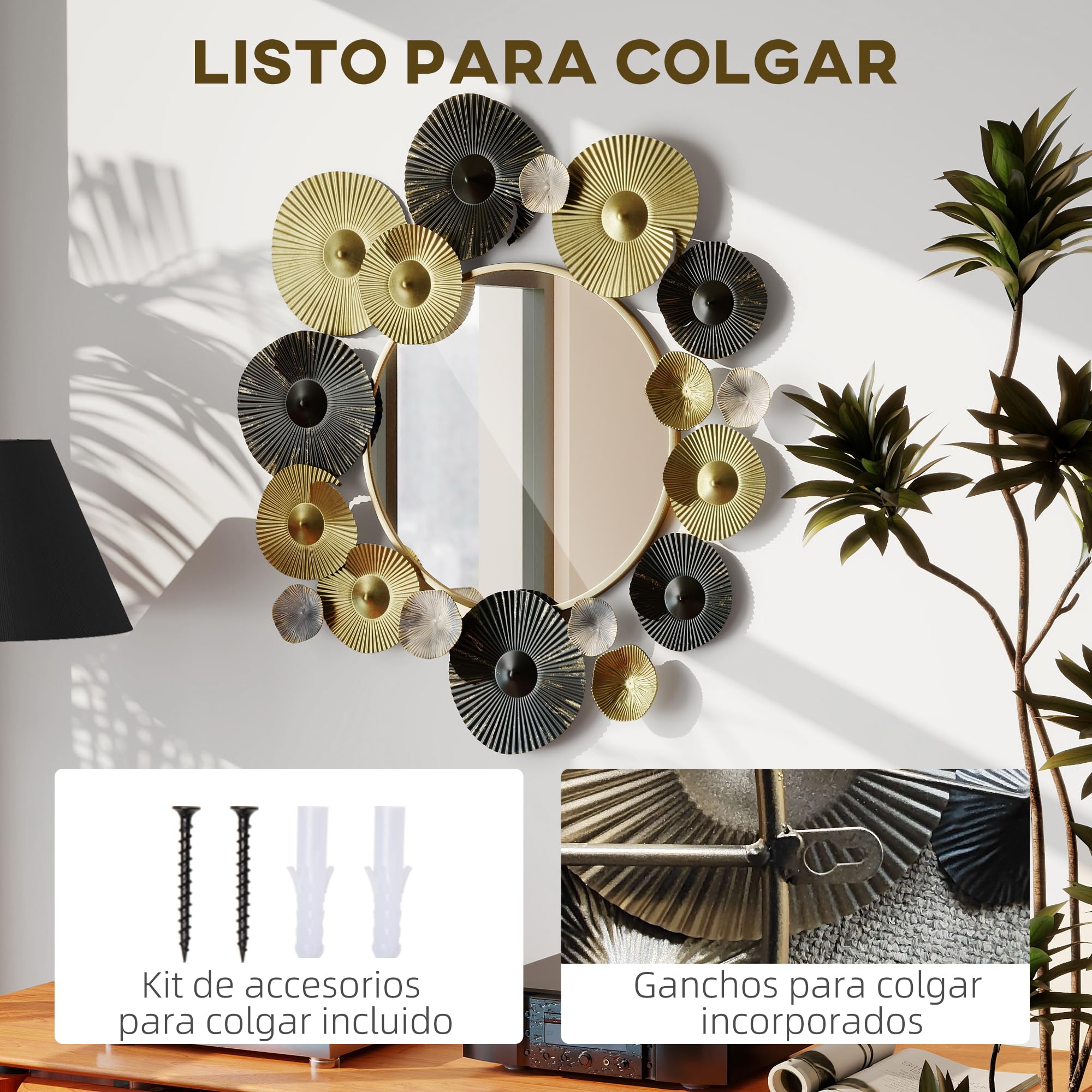 HOMCOM Espejo Decorativo de Pared, Metálico, 84x84 cm, Dorado y Negro | Adorno de Pared, con Espejo Decorativo, para Salón, Dormitorio, Pasillo