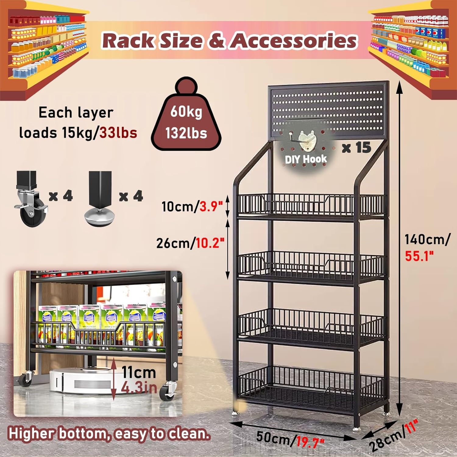Retail Stores Snack Shop Racks Medicine Stand with Hooks, Supermarket Shelf Display Rack 4 Layer, Home Kitchen Fruit Vegetable Organizer Chip Bag Holder(50x27x140cm/19.7x10.6x55.1in)