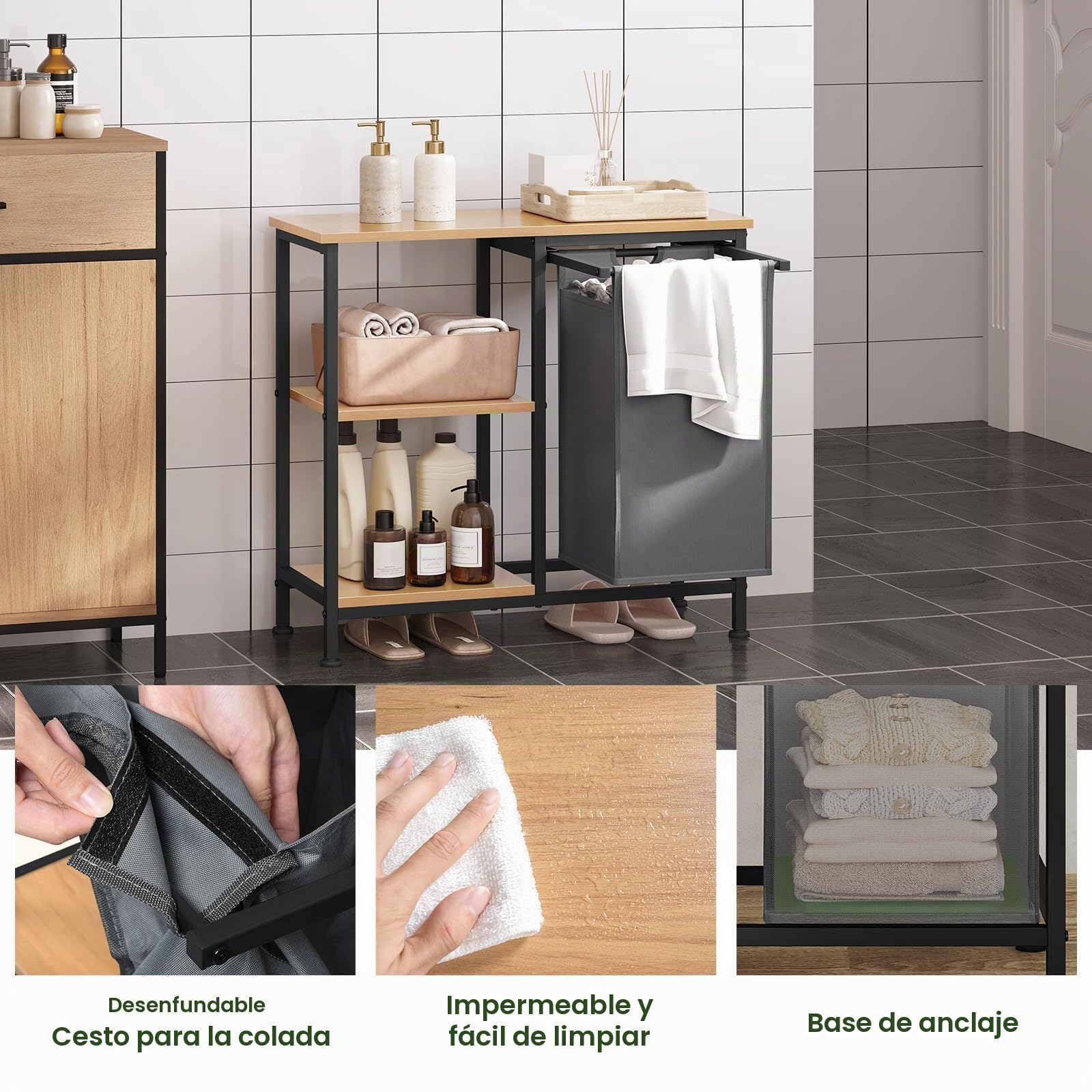 EUGAD Estanteria de Baño con Cesto para Ropa Sucia, Saco Extraíble, Mueble Lavandería de 3 Niveles, Cesta Ropa Sucia de Tela Oxford 31 L, 70x30x65 cm