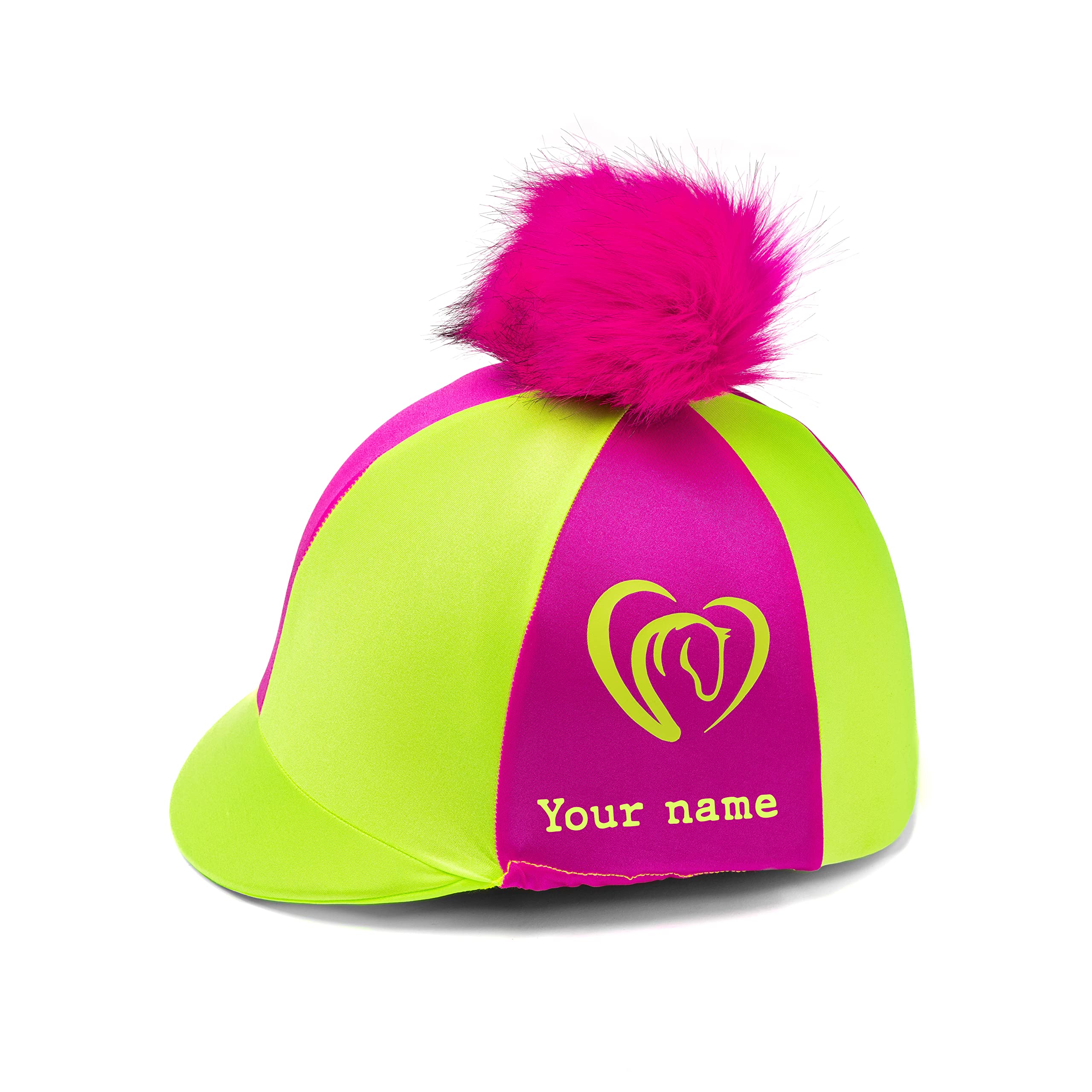 Luvponies Lime and Hot Pink Horse Heart Riding Hat Silk with Choice of pom and Personalisation