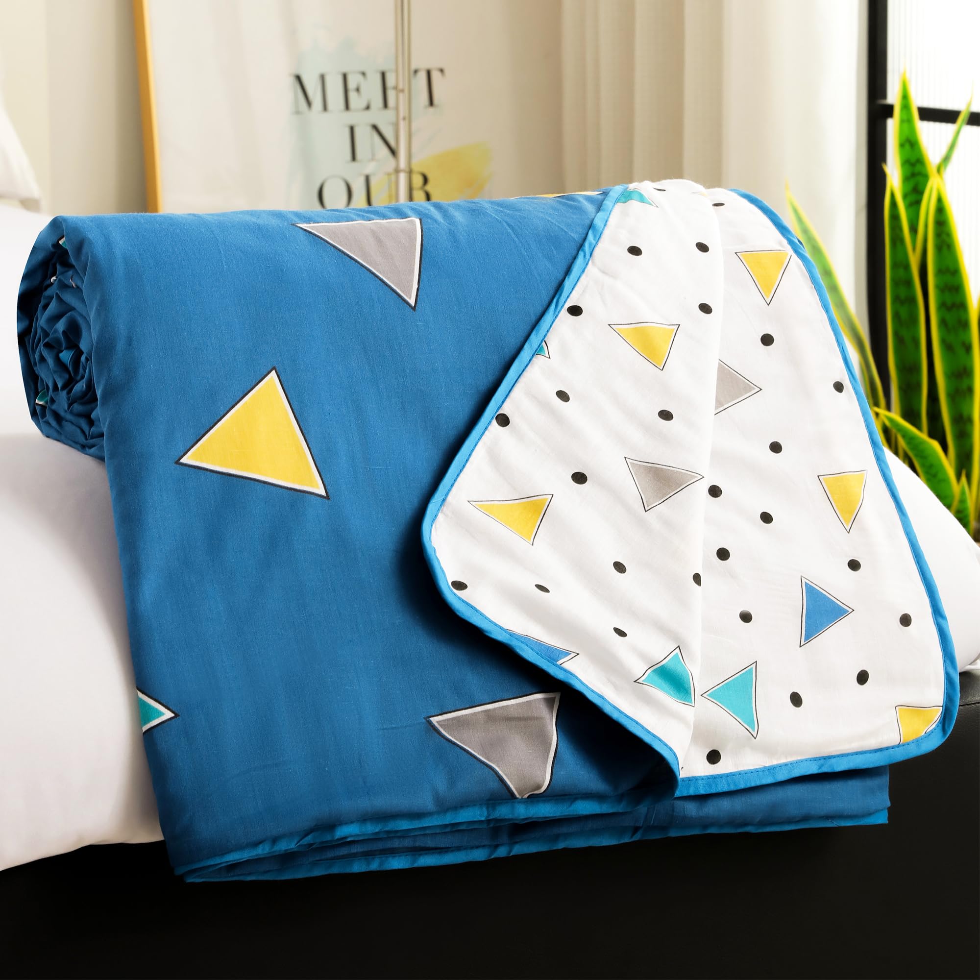 Story@Home Dohar Double Bed Cotton 100% | 150GSM 225 x240 cm Quilt AC Blanket for Summer | AC Comforter Double Bed | Blue & Yellow Geometric Reversible Design Duvet | All-Season Blanket-picture-10