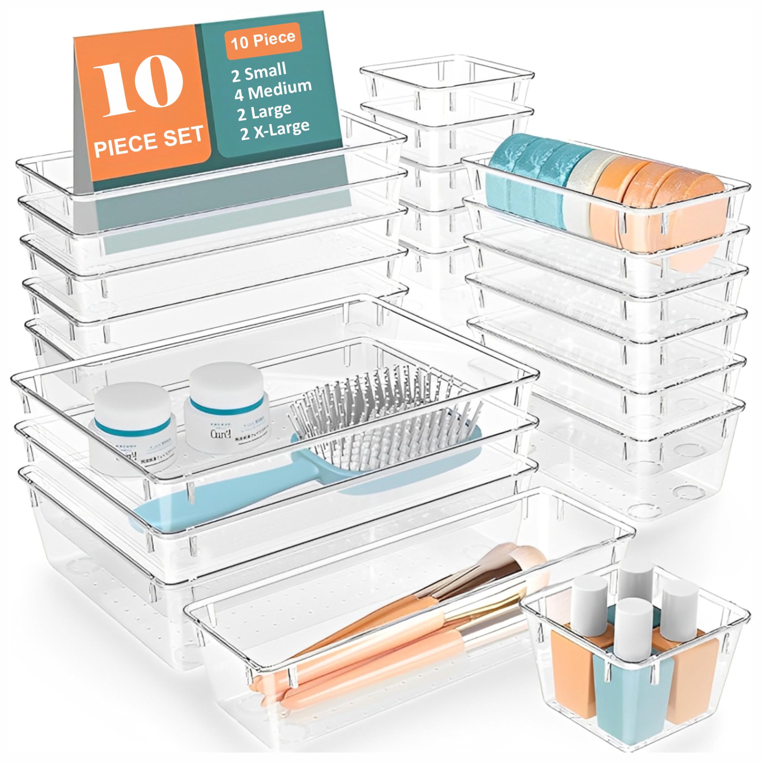 JD FRESH Polypropylene Set of 10 Drawer Organiser/Unbreakable Drawer Organizers/Dressing Table Organizer/Multi-Purpose Storage Boxes/Drawer Divider Tray for Kitchen/Bedroom/Office -(Clear Transparent)