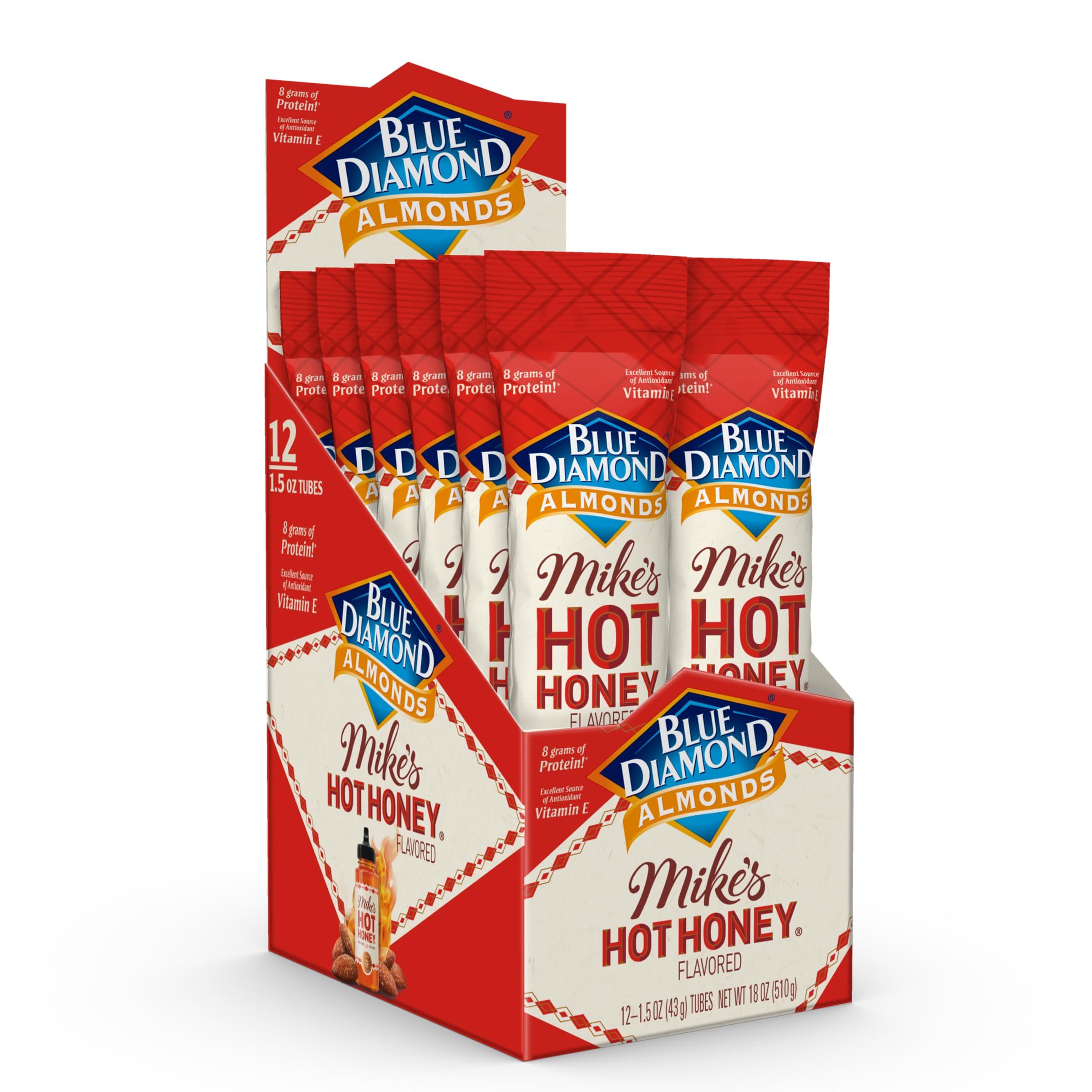 Blue Diamond Almonds, Made with Mike’s Hot Honey Infused with Chilies for a Perfect Sweet and Spicy Snack Nut Combination, Pack of 12, 1.5oz. Servings