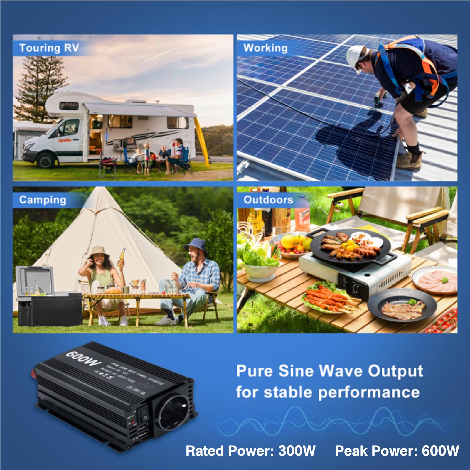 Inverter 12v 220v Onda Pura, 600W Convertitore di Tensione Onda