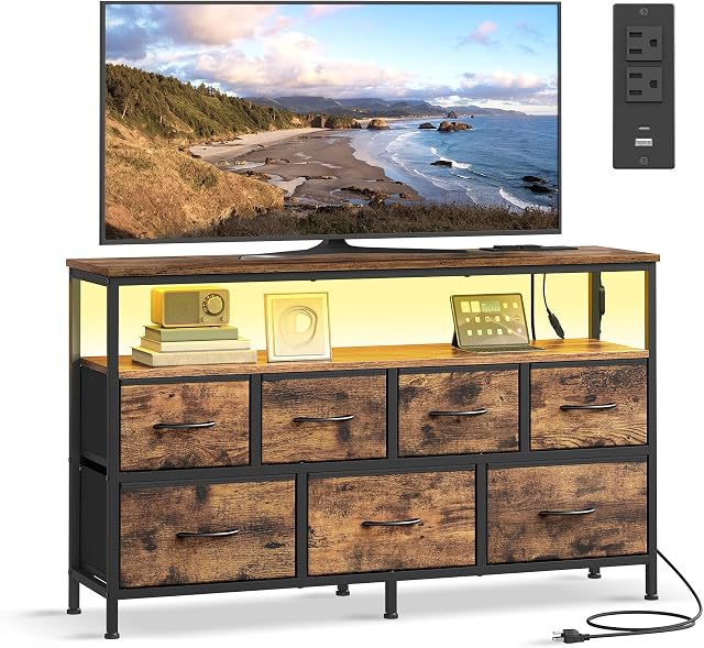 SONGMICS BELLAH Collection - Dresser for Bedroom with App-Controlled LED Lights and Charging Station, Chest of Drawers, TV Stand, 7 Drawers, Shelf, Industrial, Rustic Brown and Ink Black ULGS733KD05S
