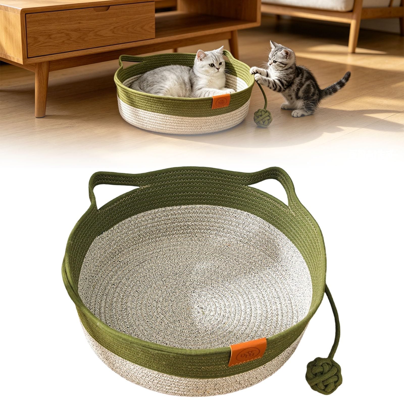 Cotton Woven Cat Bed with Toy Tail 2026 New Instinct Basket Claw-Proof Woven Cotton Rope Cats Cave Washable Woven Sleeping Nest Scratcher Beds for Kitten Puppy All Season (Green,L)