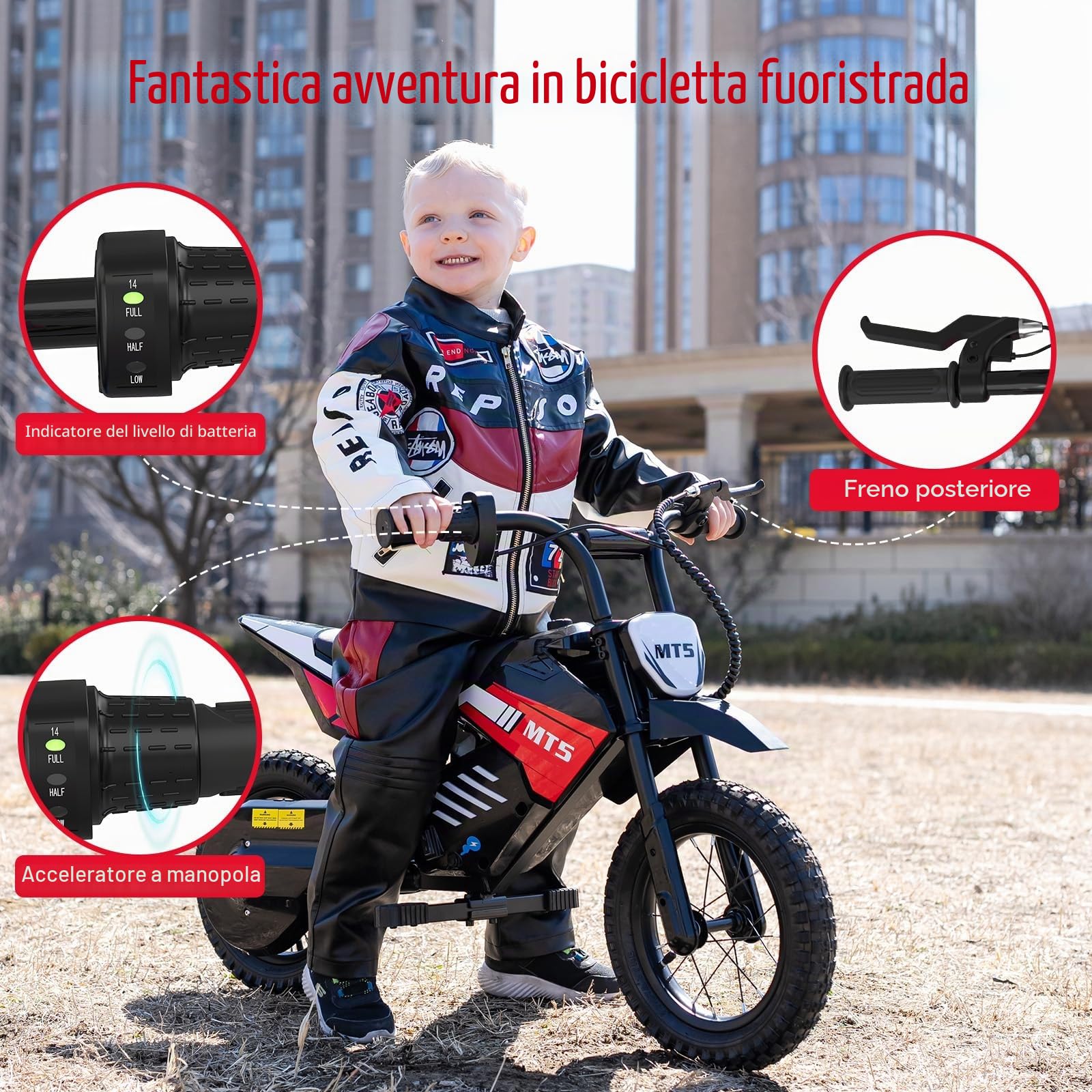 Moto Elettrica per Bambini 150W, 2 Velocità 8/16 km/h, Batteria 5,2Ah, Autonomia fino a 15 km, Pneumatici 12 Pollici, Luci LED, Freno a Tamburo, Carico Max 40 kg