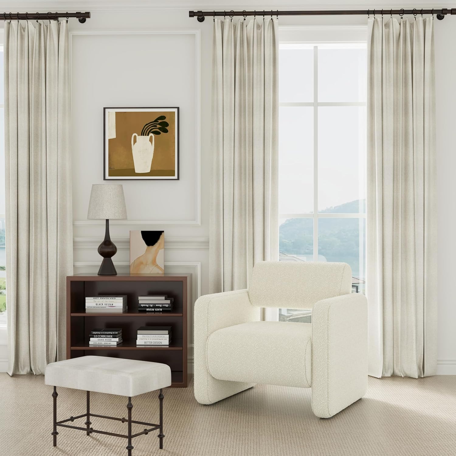 Accent Chair, Modern Boucle Fabric Armed Chair, Comfortable Single Sofa Chair for Living Room, Solid Wood Frame, Comfy Side Chair for Bedroom, Office, Reading (Beige)