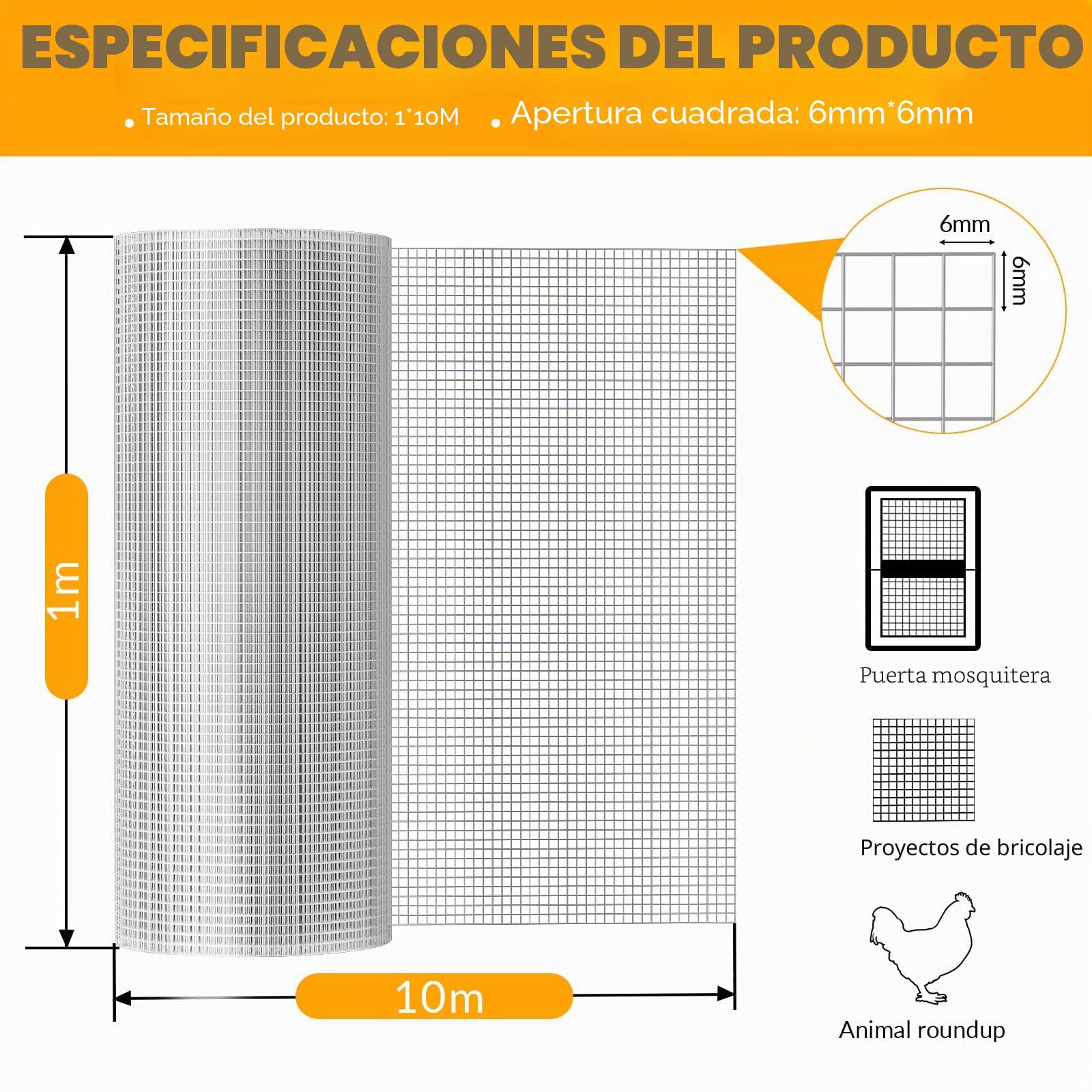 Malla de alambre galvanizado, 1 m × 10 m, malla de 6 mm, red para ratas y roedores, valla universal para camas elevadas, pollos, conejos, ardillas y ratones