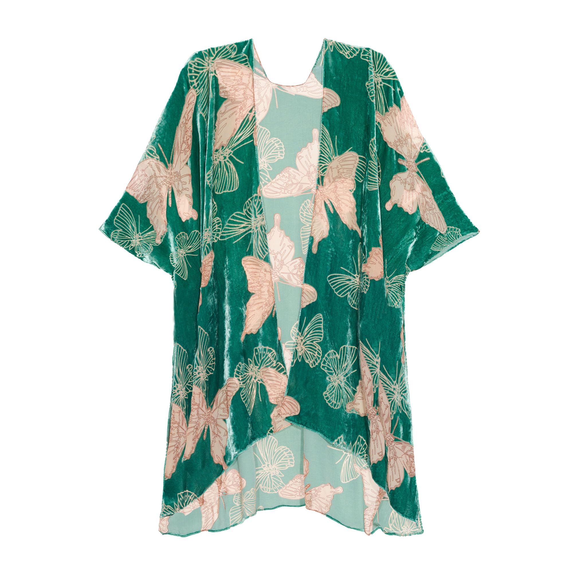 New Year Burnout Velvet Kimono Cardigan for Women Green butterfly pattern Elegant and Retro Swimsuit Cover-Up 1 Size