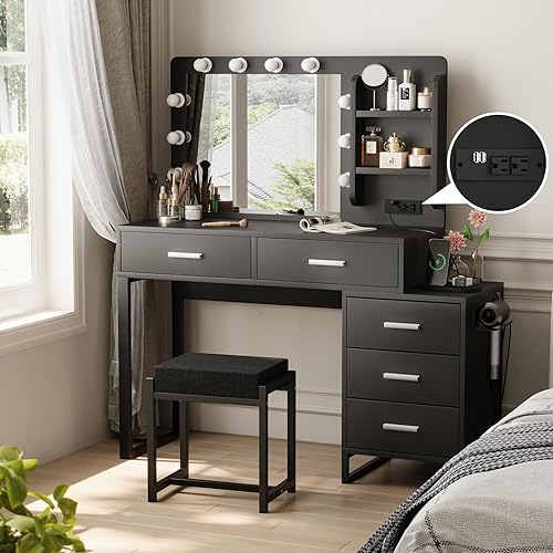 Semiocthome Escritorio de maquillaje blanco con espejo y luces, tocador de maquillaje con tira de corriente, mesa de tocador de 39.4 pulgadas de