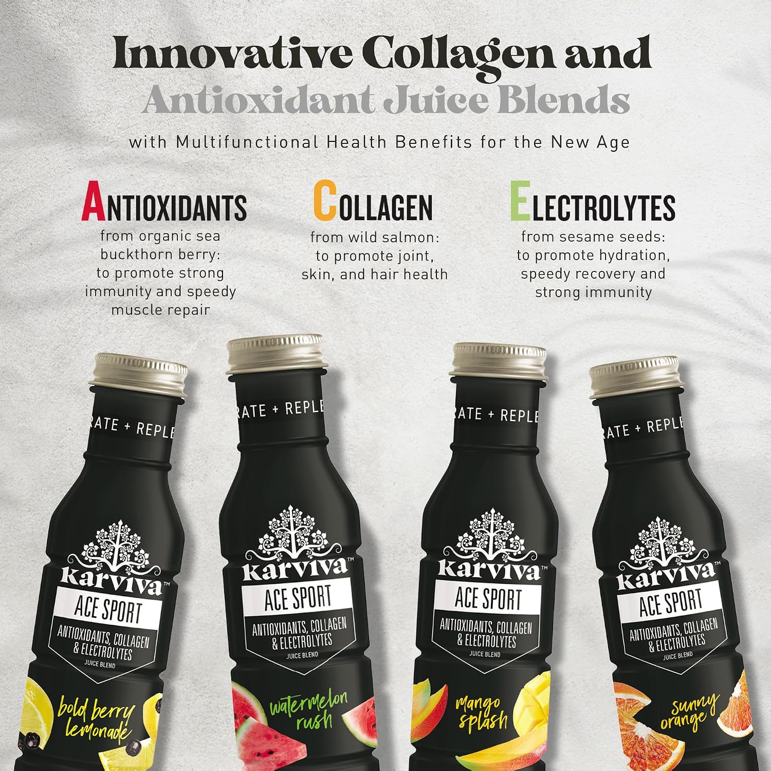 Karviva ACE Collagen Sport Juice Variety Pack - Inspired by Traditional Eastern Remedies for Healthy Joints, Skin & Hair. Collagen Hydration Drinks with Natural Marine Collagen, Electrolyte, Antioxidants, Low-Sugar, Low-Carlories, Non-GMO, Gluten Free (6 BFA-Free bottles, 12 fl oz)