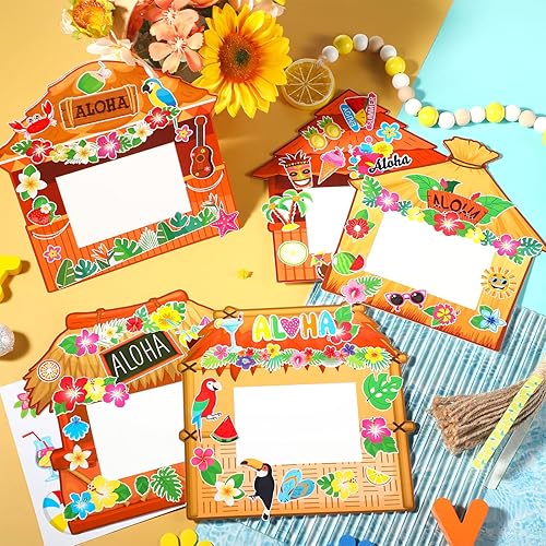 Miniatura 4 de Kigley Paquete de 24 marcos de fotos de verano para manualidades, manualidades hawaianas para niños, Aloha Tiki Bar DIY marco de fotos con