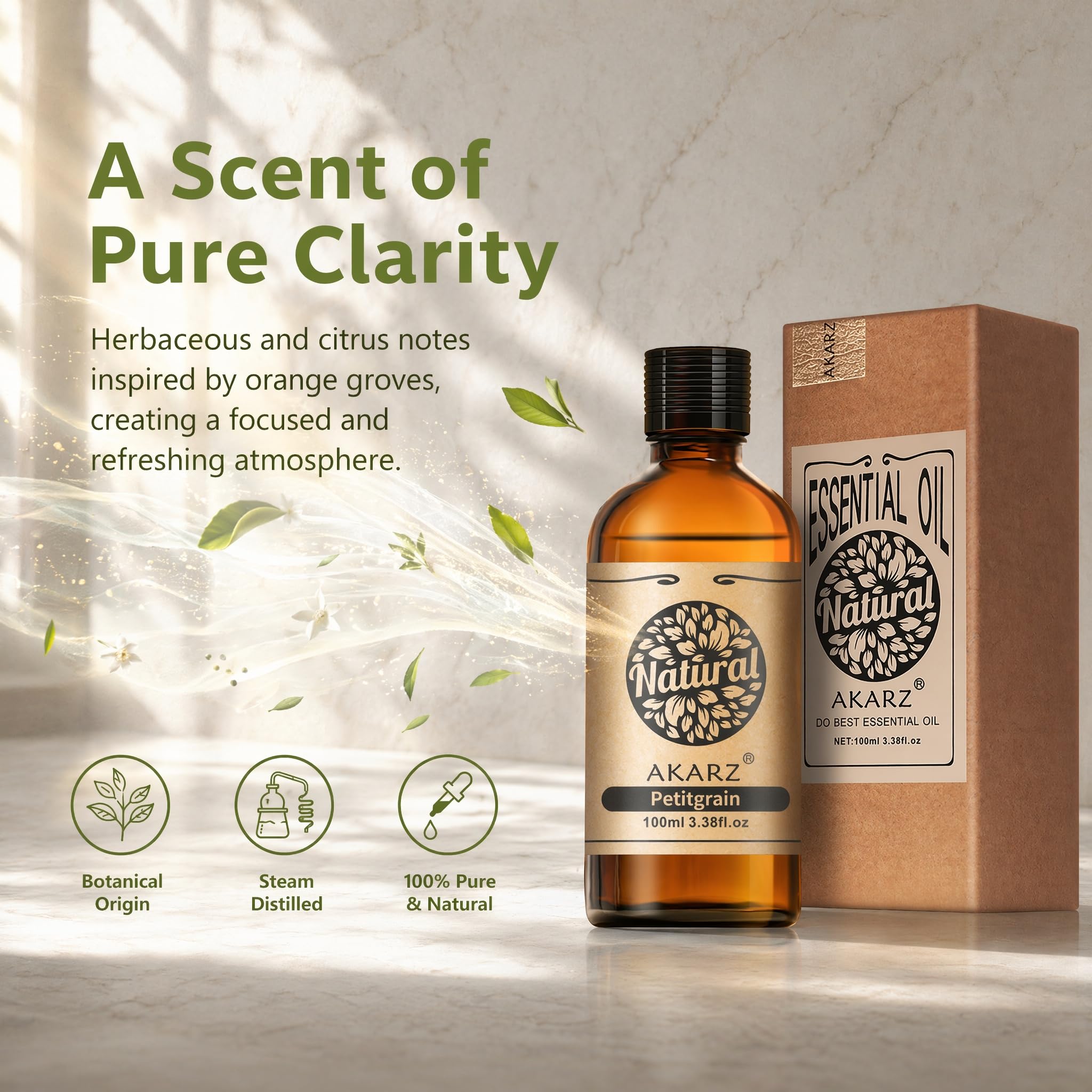 AKARZ 100ml Olejek esencjny z Petitgrain - Naturalny olejek aromatyczny do dyfuzorów, lamp aromatycznych i aromatów pomieszczeń