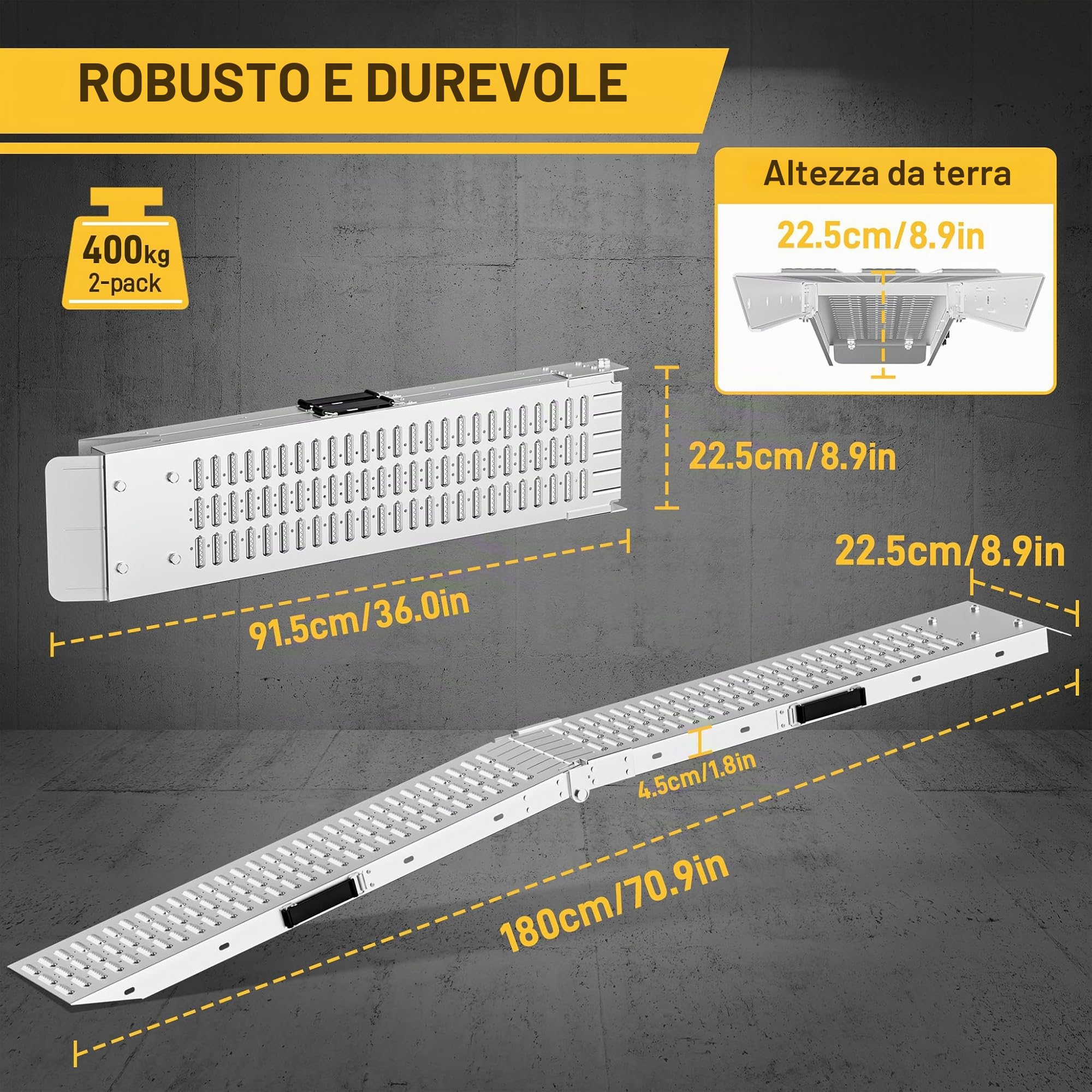 Froadp 2x Pieghevoli Rampe di Carico per Auto Coppia di Rampe con Antiscivolo Zincata Rampa di Accesso Marciapiede per Veicoli Motociclistici ATV Auto Moto Carico Massimo 400KG (180x22,5x4,5cm)
