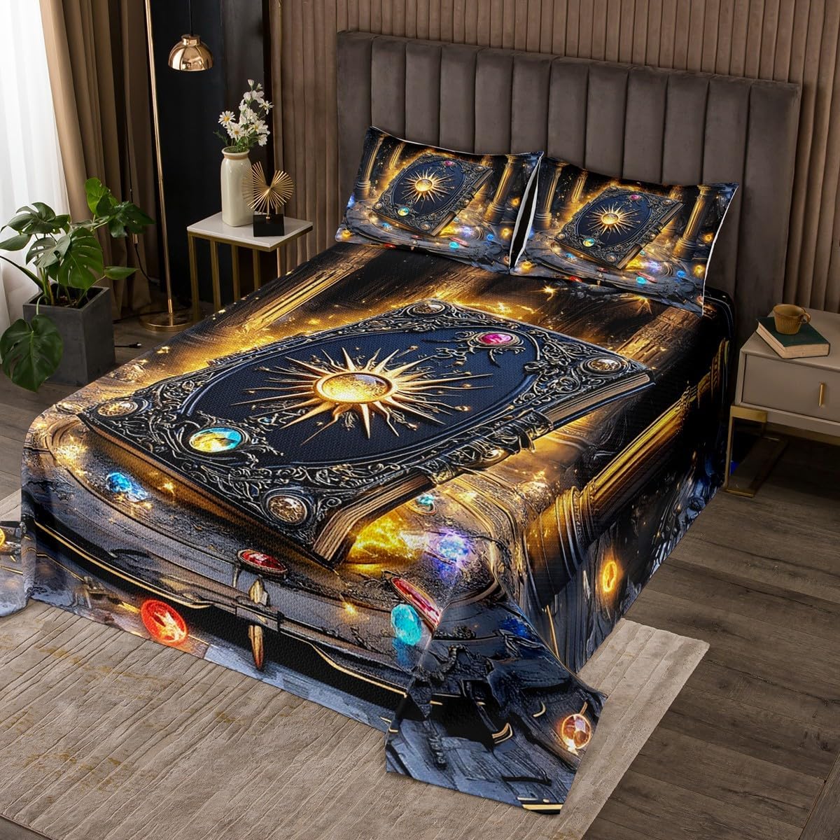 Castle Fairy Sun and Moon Bedspread Queen Size,Watercolor Starry Sky Quilt Sets 3Pcs for Kids Teens Youth Room Decor,Dreamy Bohemian Bedding Sets Fantasy Galaxy Down Comforter,2 Pillowcases