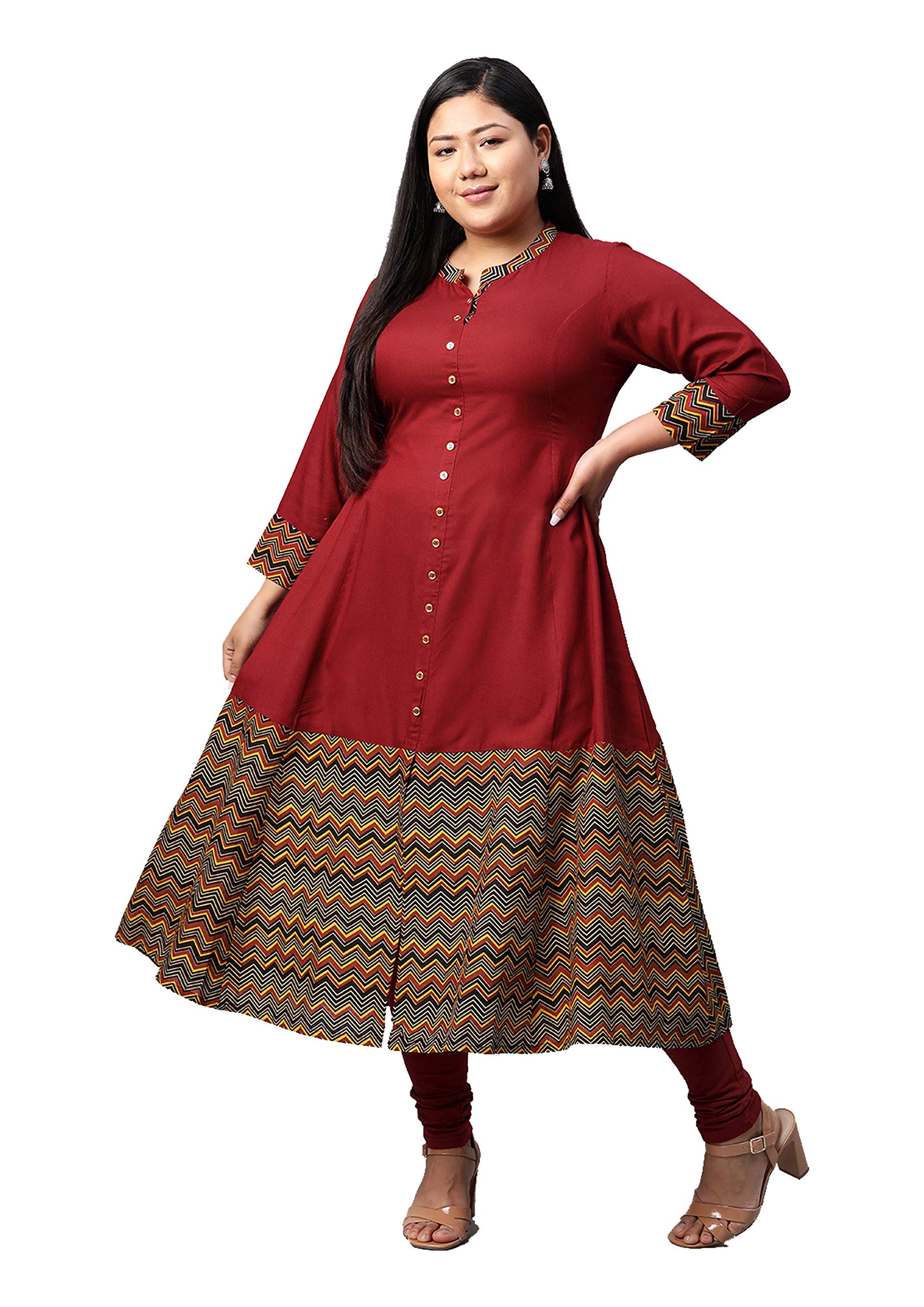 Yash Gallery Women's Plus Size Rayon & Cotton Cambric Zig-Zag Printed A-Line Kurta For Women (1251Ykmaroon_Maroon_Xx-Large, Regular Fit) 2