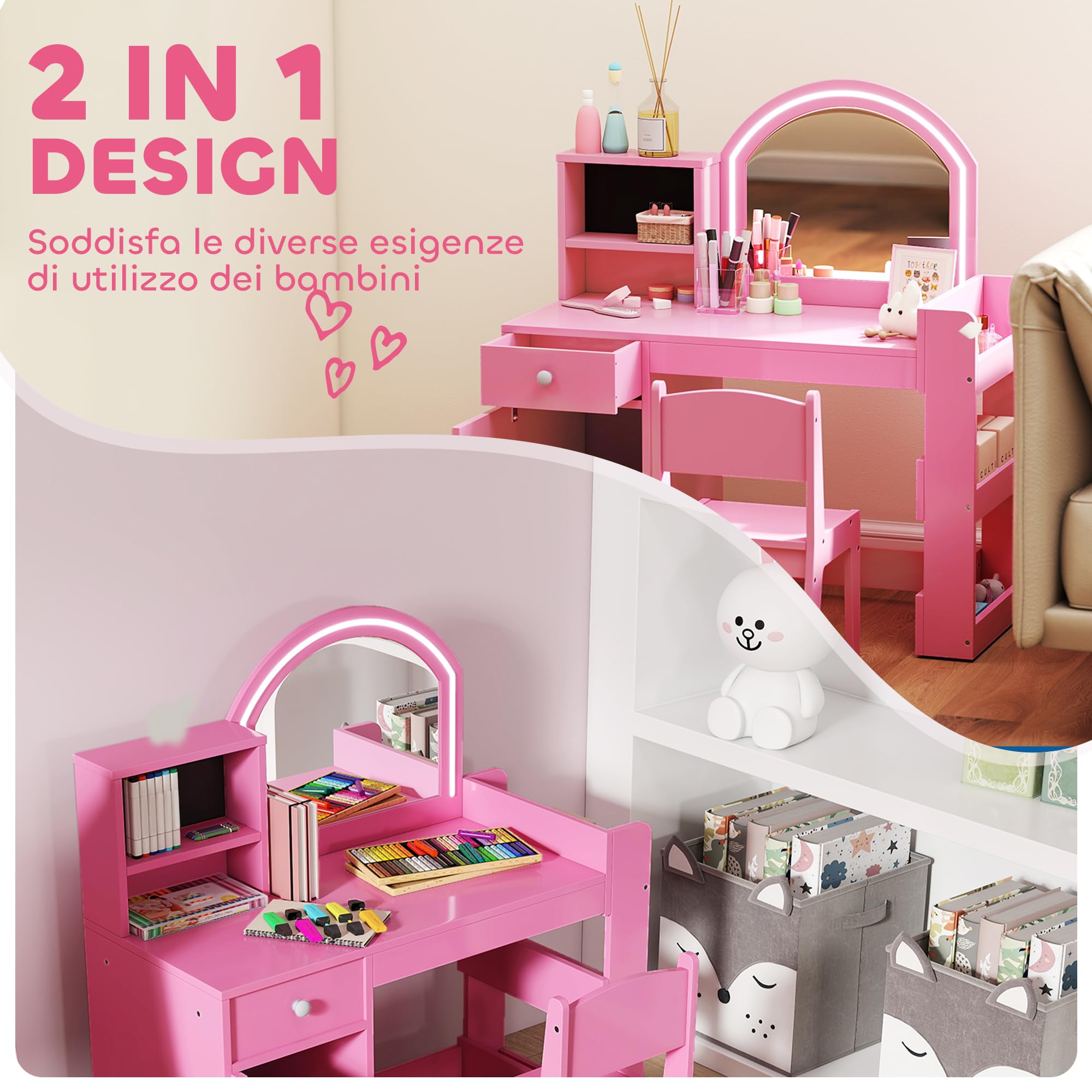 AIYAPLAY Set Toeletta Trucco per Bambini 3-8 Anni 2 in 1 con Specchio Illuminato e Sedia, Postazione Trucco in Legno con Luce LED a 2 Colori, Armadietto, Scaffali e Libreria, Rosa