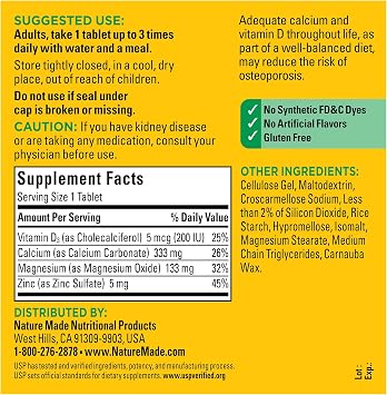Nature Made Calcium Magnesium Zinc with Vitamin D3, 300 Tablets | Magnesium and Calcium Supplement for Bone Support, Vitamin D and Zinc Support a Healthy Immune System