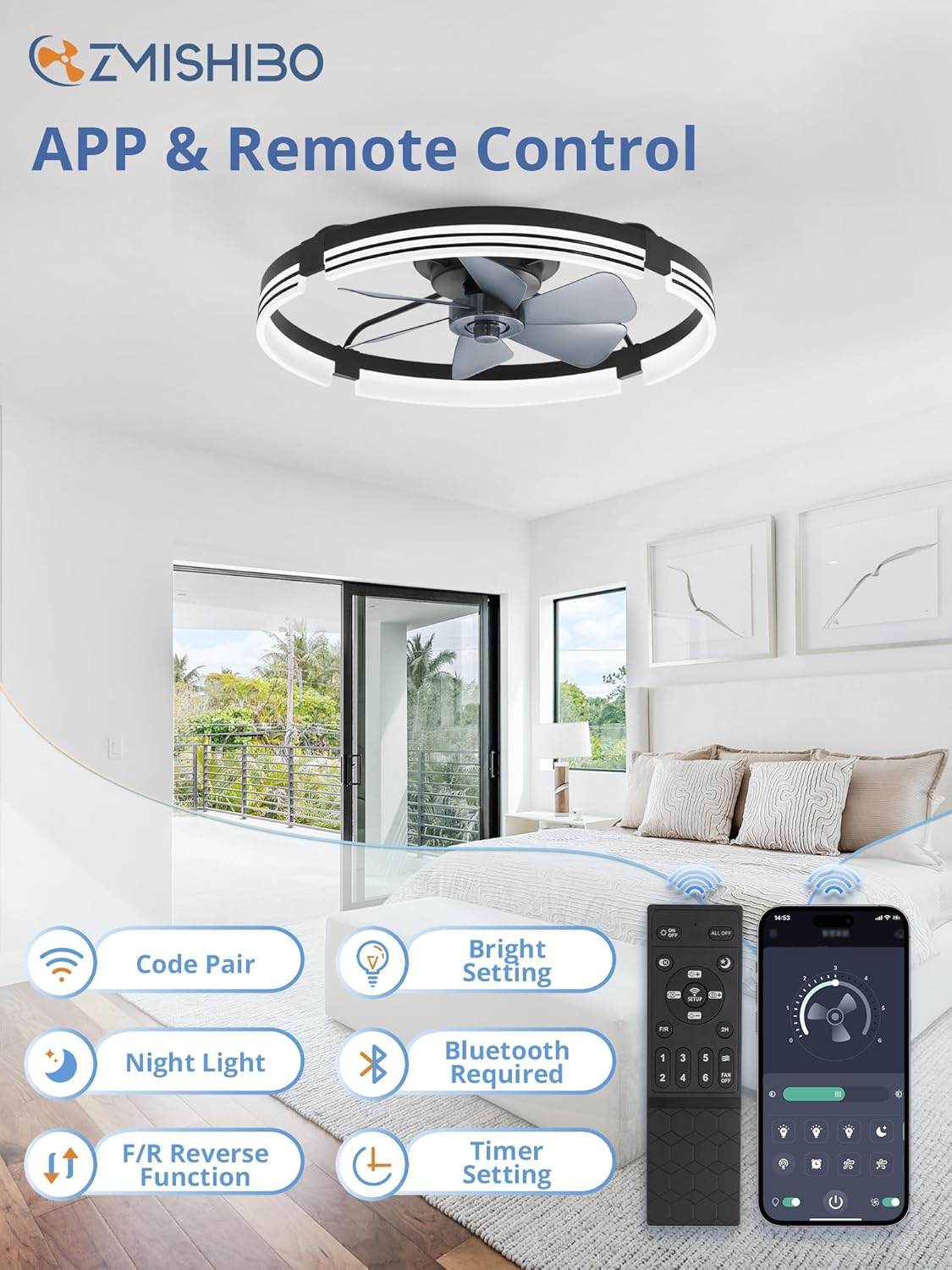 Ventiladores de techo de bajo perfil con luz e interruptor remoto, ventilador de techo de montaje plano de 20 pulgadas con luz, ventilador de araña LED con luz regulable de 3000K-6000K, - imagen 2