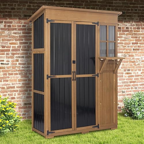 Miniatura 8 de Armario grande de almacenamiento para exteriores impermeable con estantes, cobertizo de almacenamiento exterior alto con mesa plegable para patio,