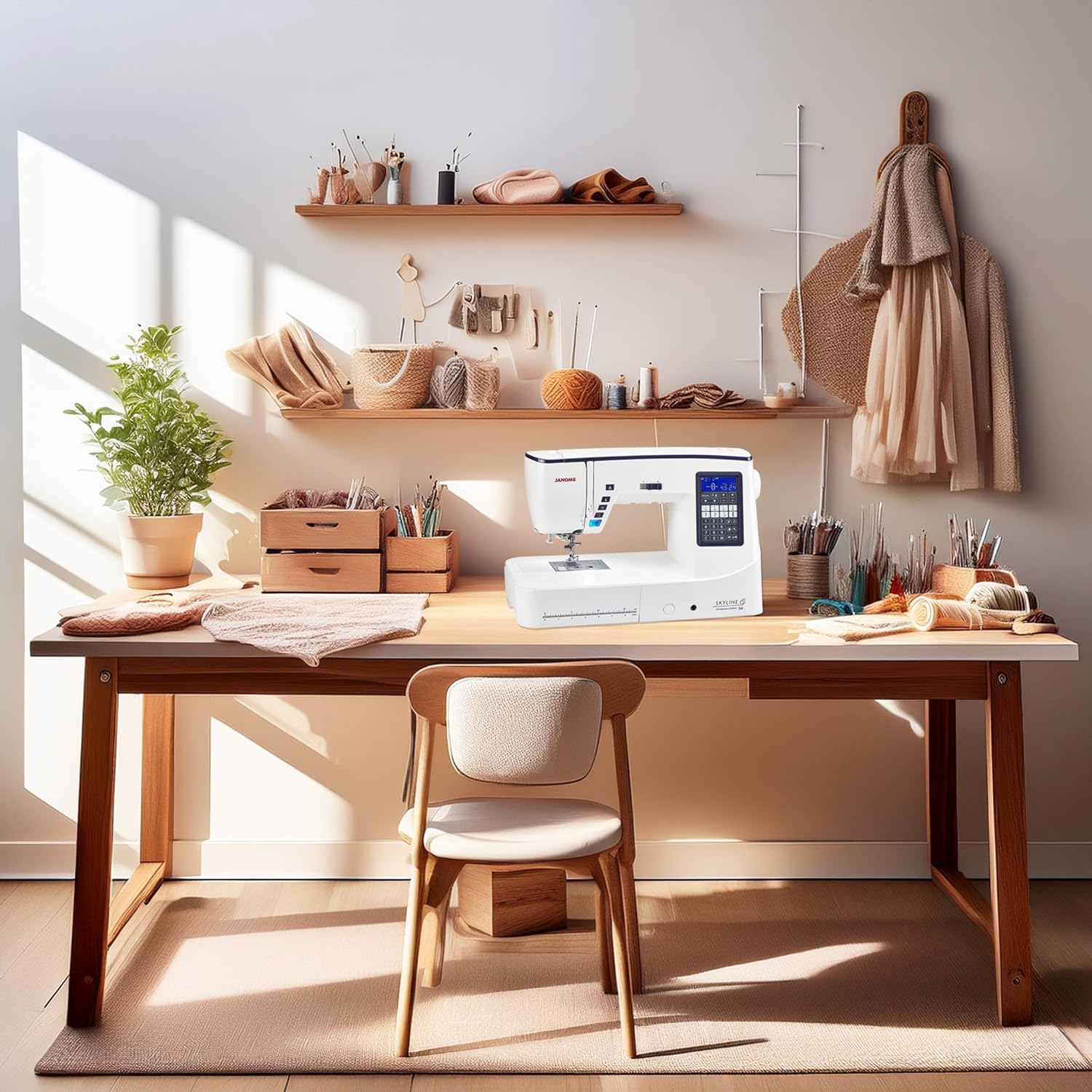 Janome Skyline S6 sewing machine set up on a wooden desk in a well-lit room