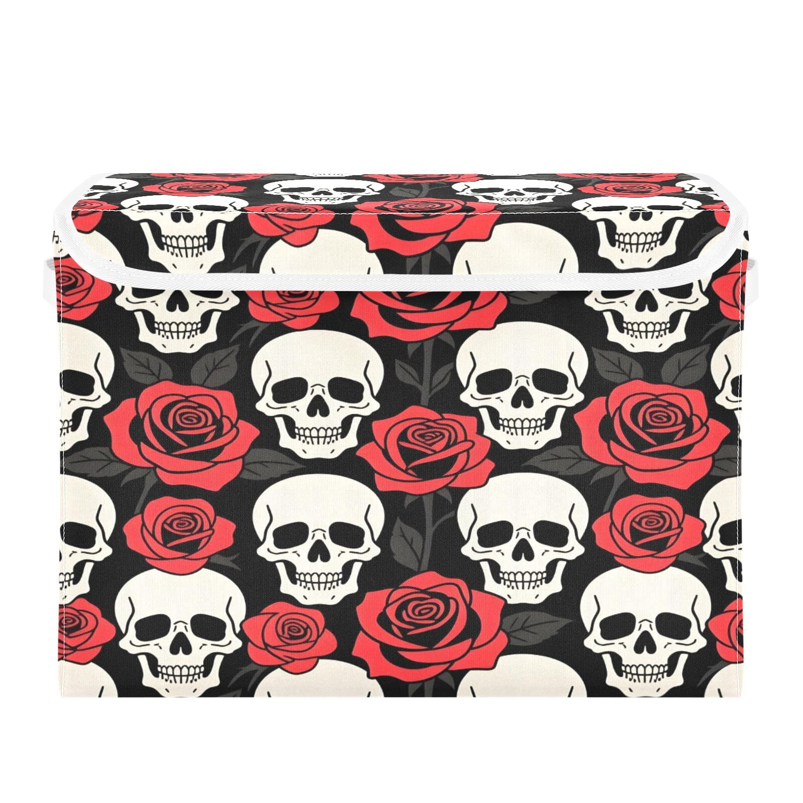Ewusp Skull Fabric Storage Bin with Lid, Decorative Foldable Storage Basket with Handles, Stackable Closet Shelf Organiser Box for Clothes, Books, Bedroom, Living Room