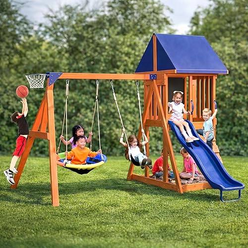 Sportspower Applewood Cedar Wooden Swing Set, Double A-Frame with 32″ 2-Person Saucer Swing & Sling Swing, 6ft Wavy Slide, Covered Play Fort with Rock Wall, Chalkboard, Sandbox Area & Basketball Hoop