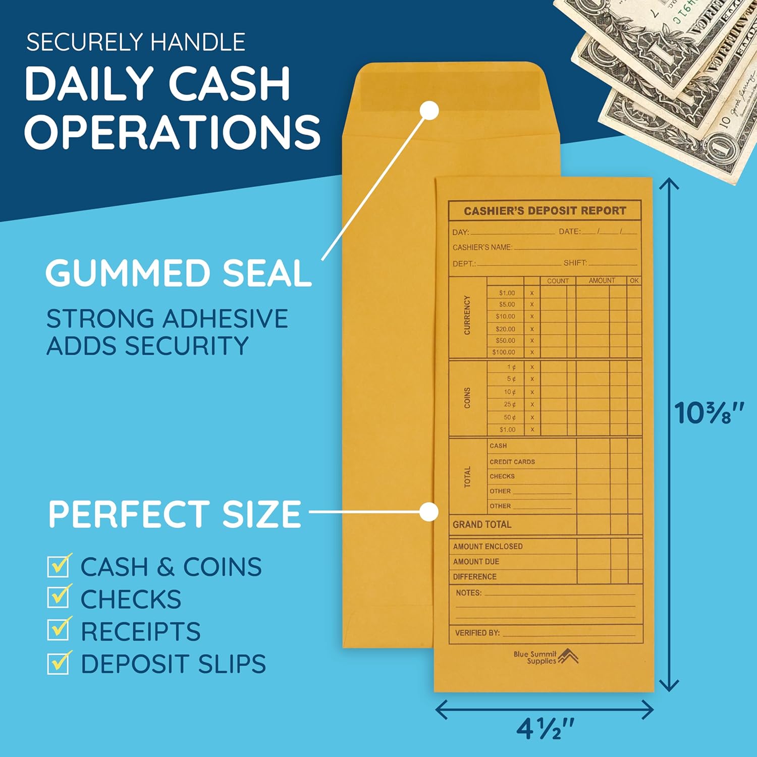 Blue Summit 500 Cash Deposit Envelopes, Cashier Deposit Envelopes for Small Business Money Drops, Retailers and Restaurants to Drop Cash Deposits with Banks, 24lb Brown Kraft, 500 Pack
