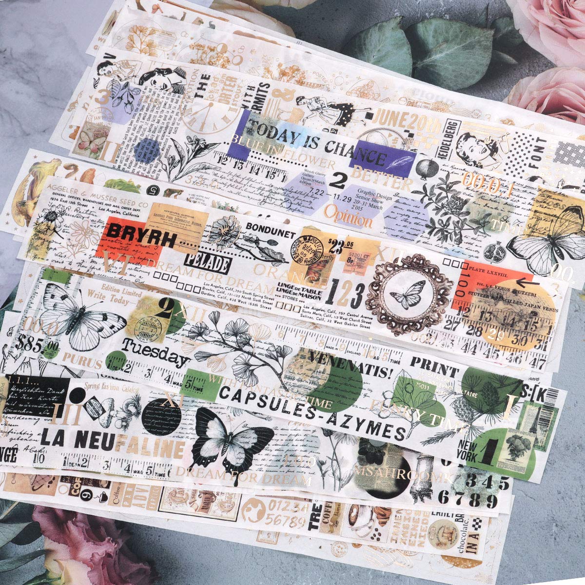 Washi Tape Set, 16 Sheets Decorative Masking DIY Tapes, 60mm Wide Gold Foil Vintage Tapes for DIY Crafts, Notebooks, Journals, Arts, Scrapbooking, Gift Wrapping (Vintage A)