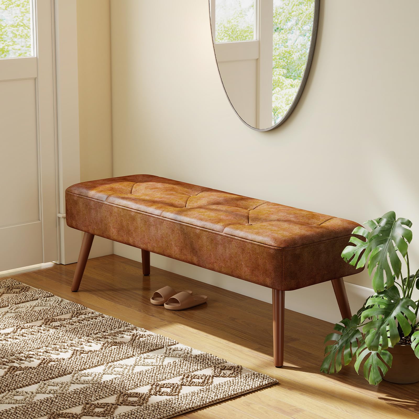 Sitzbank Flur Schlafzimmerbank 113.5cm, Esszimmerbank, Bettbank Flurbank, Fußbank, Polsterbank, Schminkbank Schuhbank mit Holzbeinen aus Pu für Schlafzimmer Wohnzimmer Flur