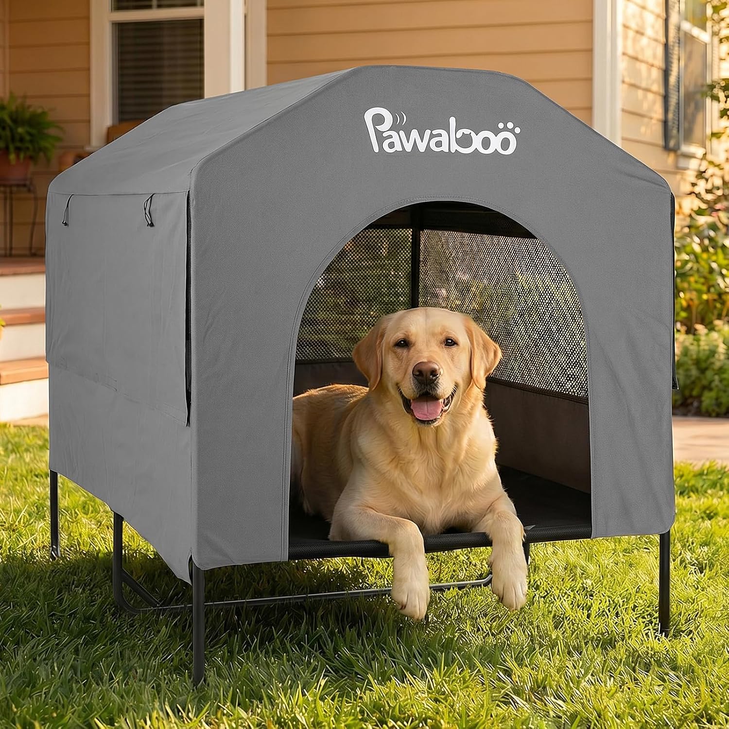 Pawaboo 47'' XL Dog House Outdoor for Medium Large Breeds, Weatherproof Large Dog Shelter, Elevated Dogs Bed & Breathable Mesh Windows, Larges Dogs Houses Outdoor/Indoor for All Seasons, Grey