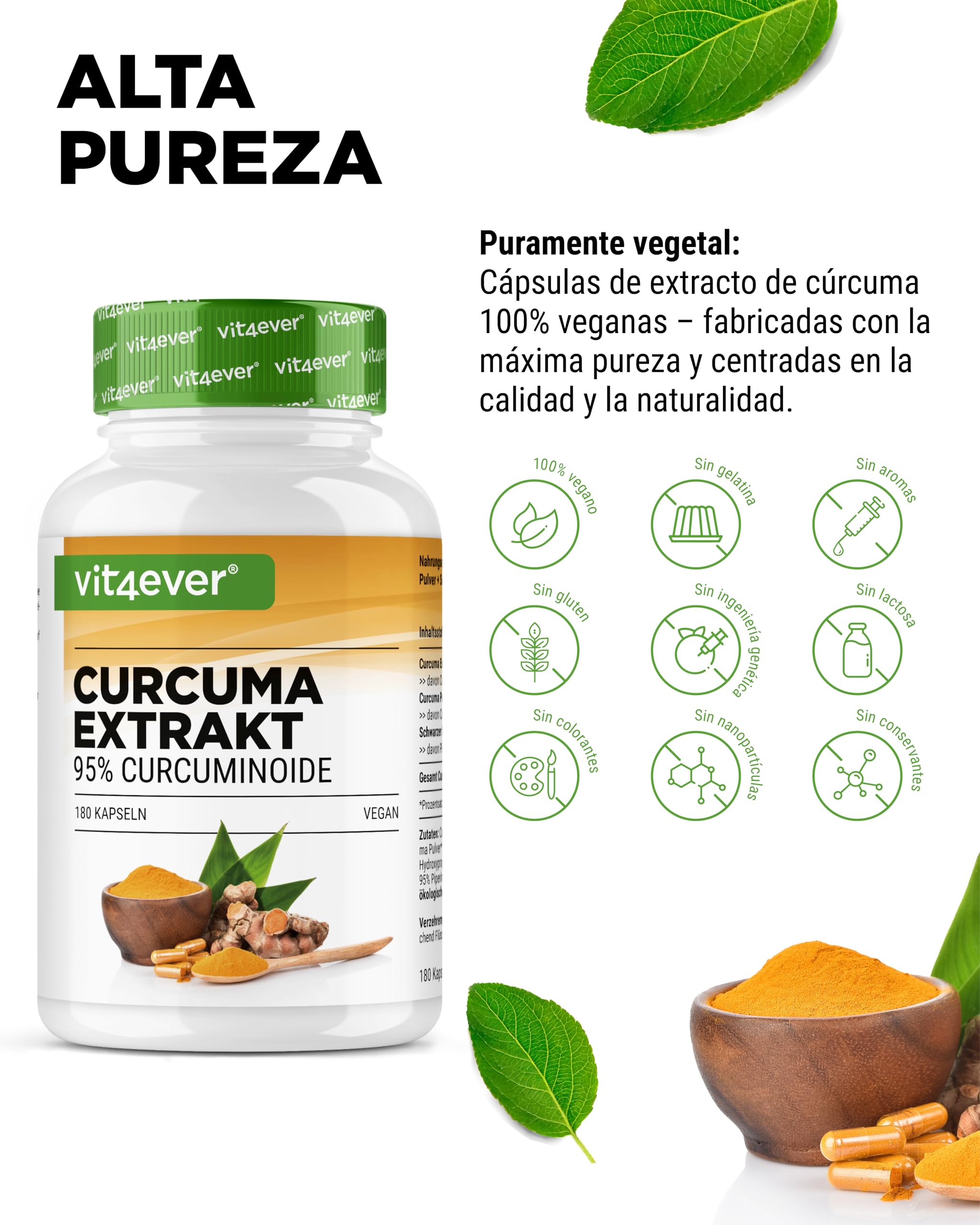vit4ever Extracto de Cúrcuma de alta dosis - 180 Cápsulas - 500 mg de Curcumina por porción diaria - 95% de Curcumina – Premium Extracto de Kúrkuma high dose - Vegano, sin aditivos innecesarios