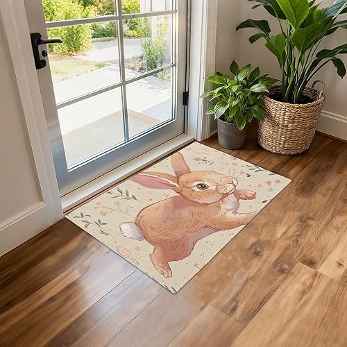 Miniatura 2 de Area Rug 23.62 * 35.43in Washable Non-Slip Bathroom Mat for Entryway Kitchen Bathroom A Little Rabbit Running with A Cartoon Pattern Background